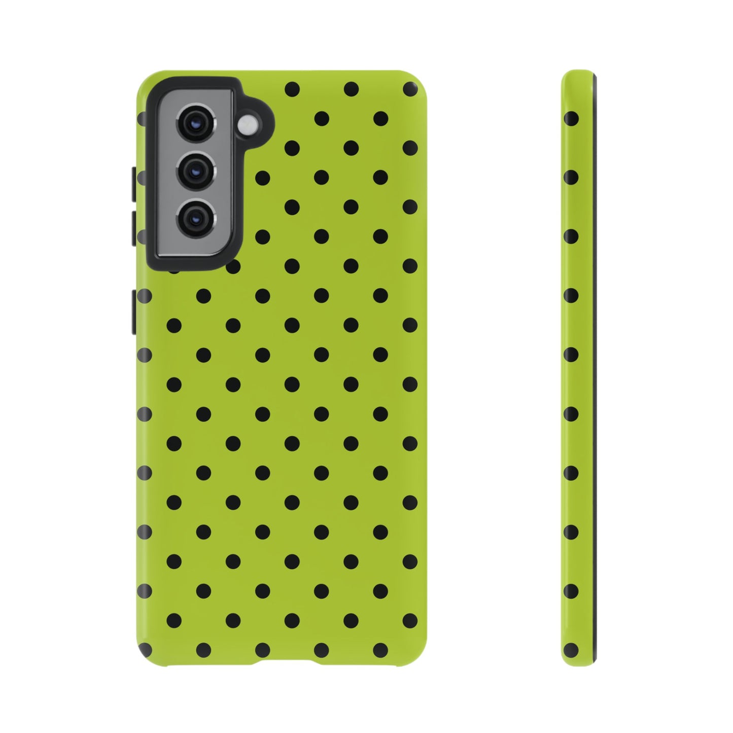 Samsung Galaxy S21 / Glossy Phone Case - Trendy Neon Lime Green & Black Dot Pattern Phone Case