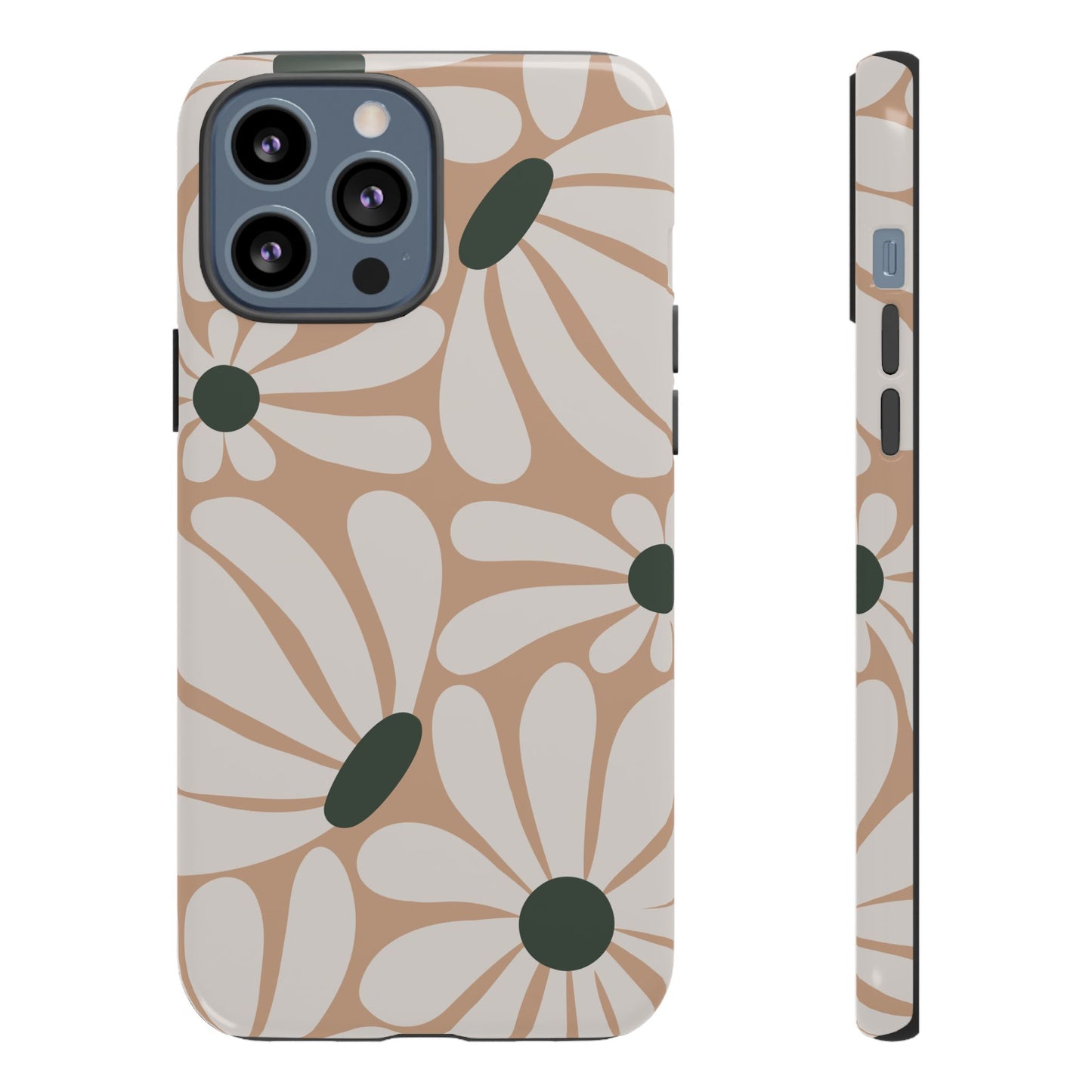 iPhone 13 Pro Max / Glossy Phone Case - ’Retro Beige & White Daisy Pattern’ Phone Case