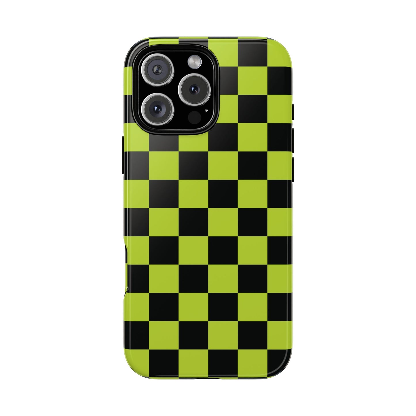 iPhone 16 Pro Max / Glossy Phone Case - Trendy Neon Lime Green & Black Checked Pattern Phone Case
