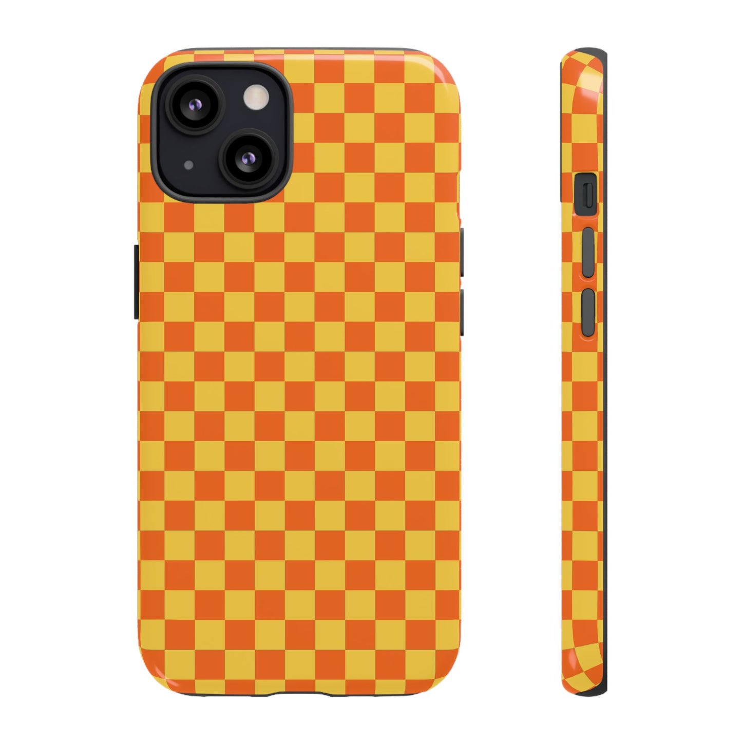 iPhone 13 / Glossy Phone Case - Trendy Orange & Yellow Small Checked Pattern Phone Case