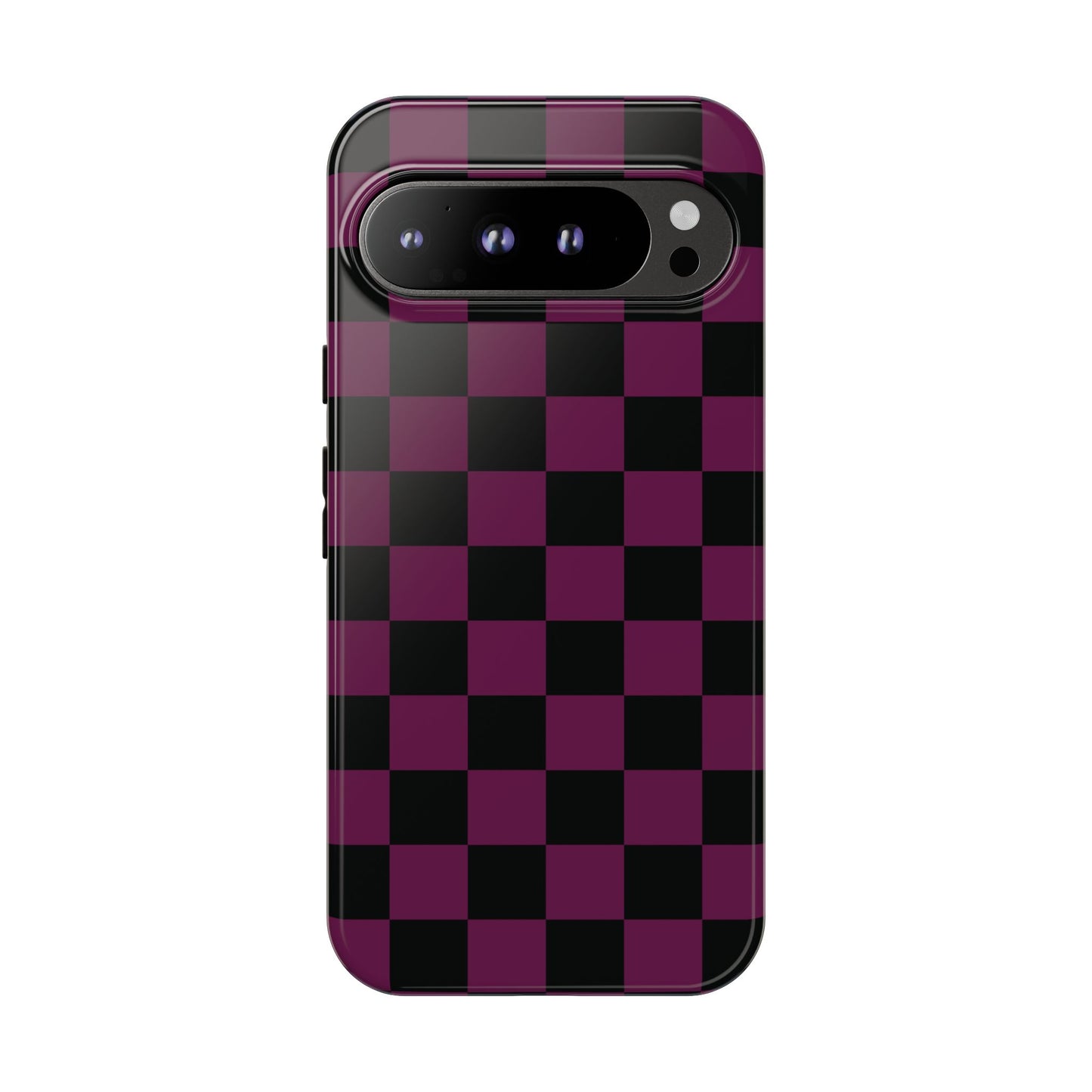 Google Pixel 9 Pro XL / Glossy Phone Case - Trendy Plum & Black Checked Pattern Phone Case