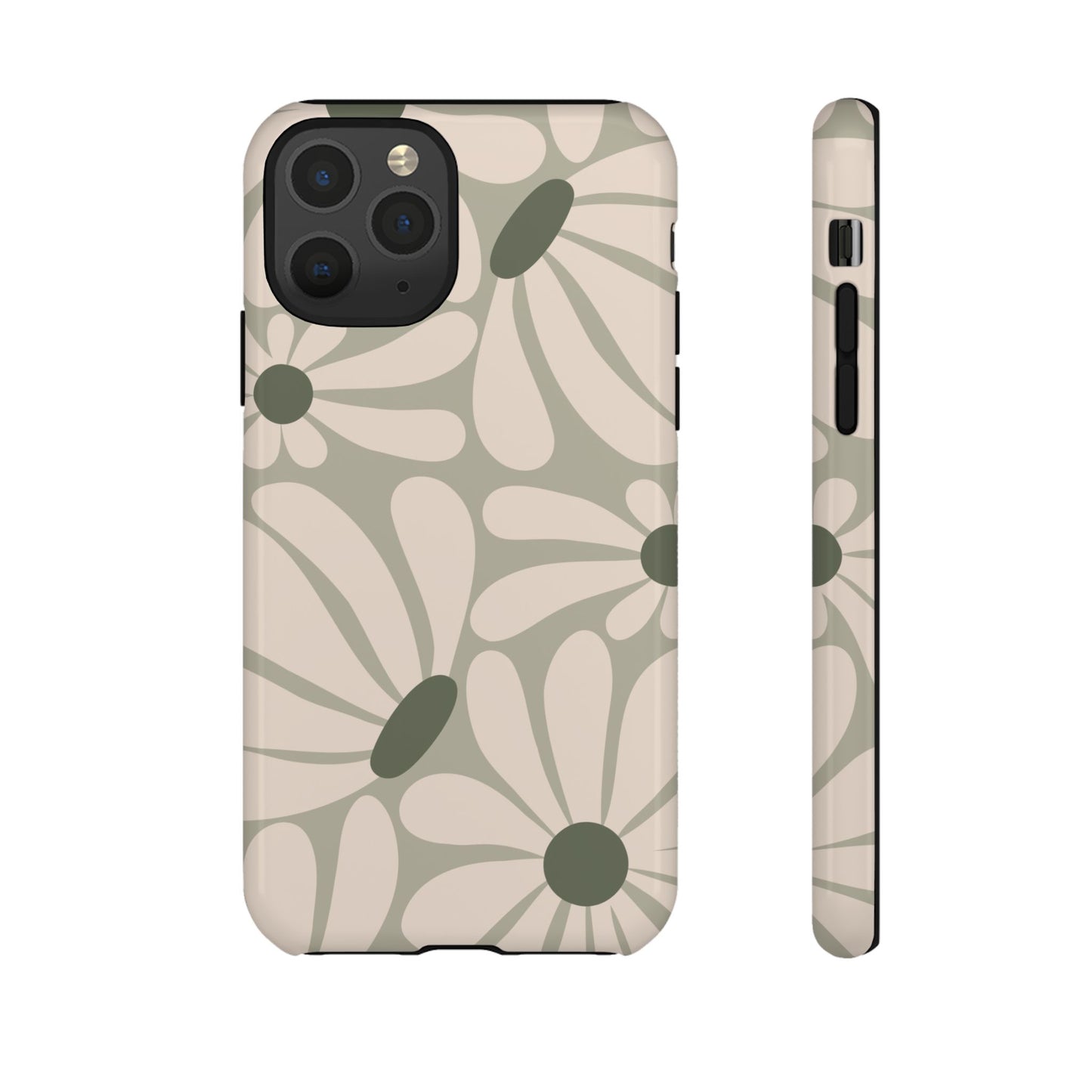 iPhone 11 Pro / Glossy Phone Case - ’Retro Cream & Green Daisy Pattern’ Phone Case