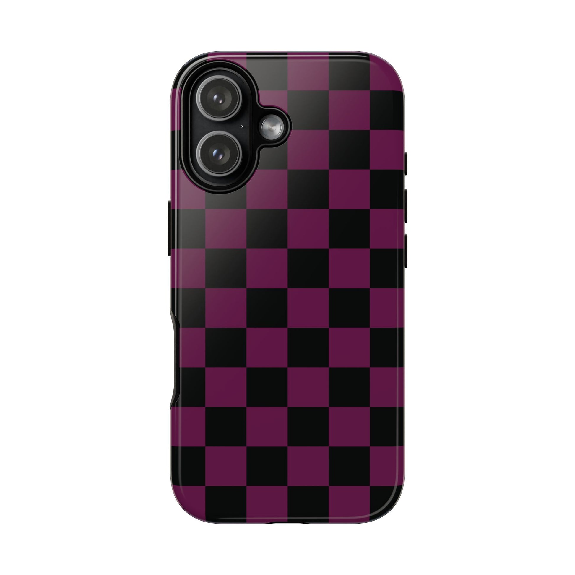 iPhone 17 / Glossy Phone Case - Trendy Plum & Black Checked Pattern Phone Case