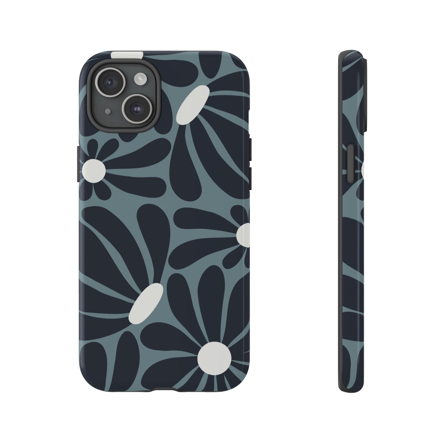 iPhone 15 Plus / Glossy Phone Case - ’Retro Navy Blue & White Daisy Pattern’ Phone Case
