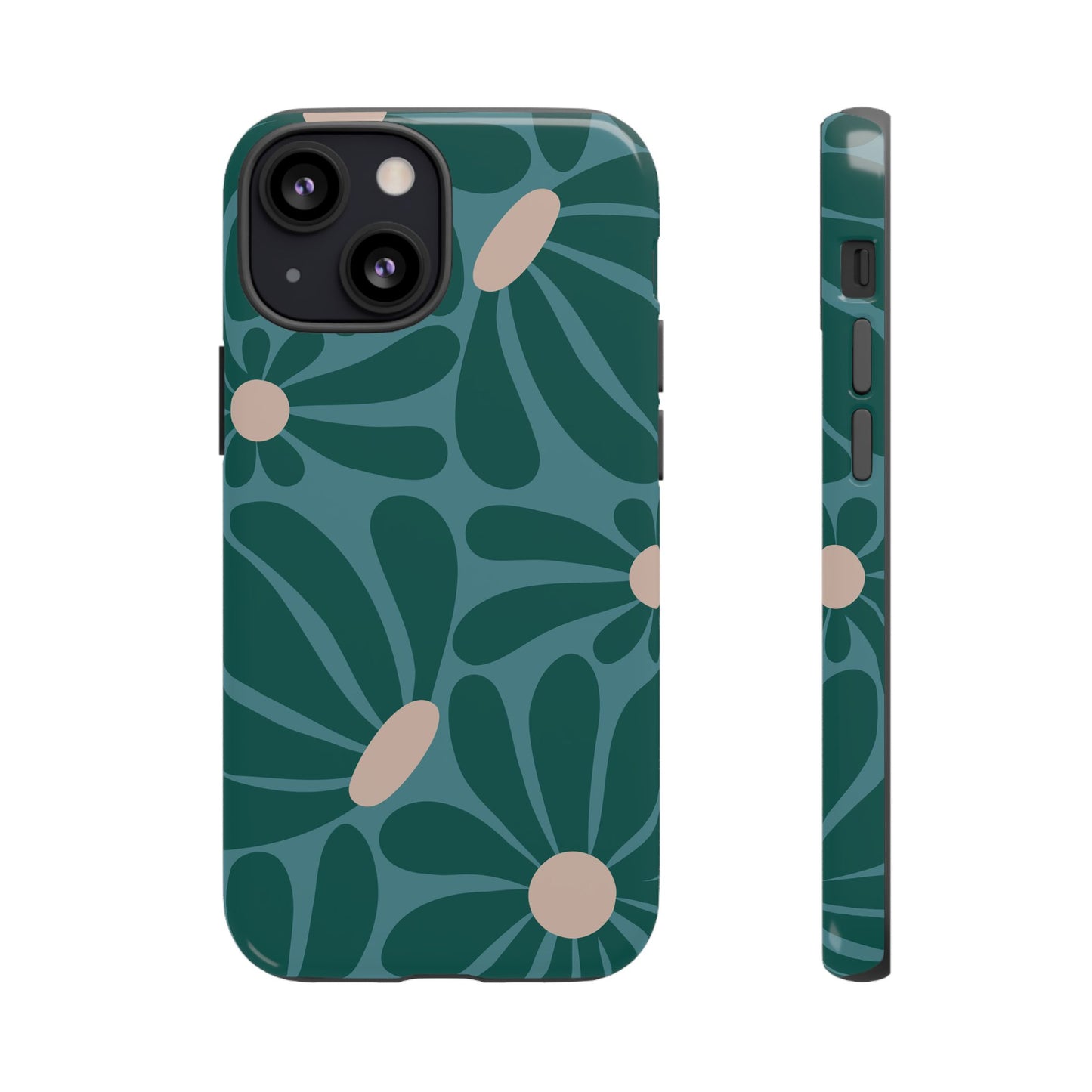 iPhone 13 Mini / Glossy Phone Case - ’Retro Turquoise Daisy Pattern’ Phone Case
