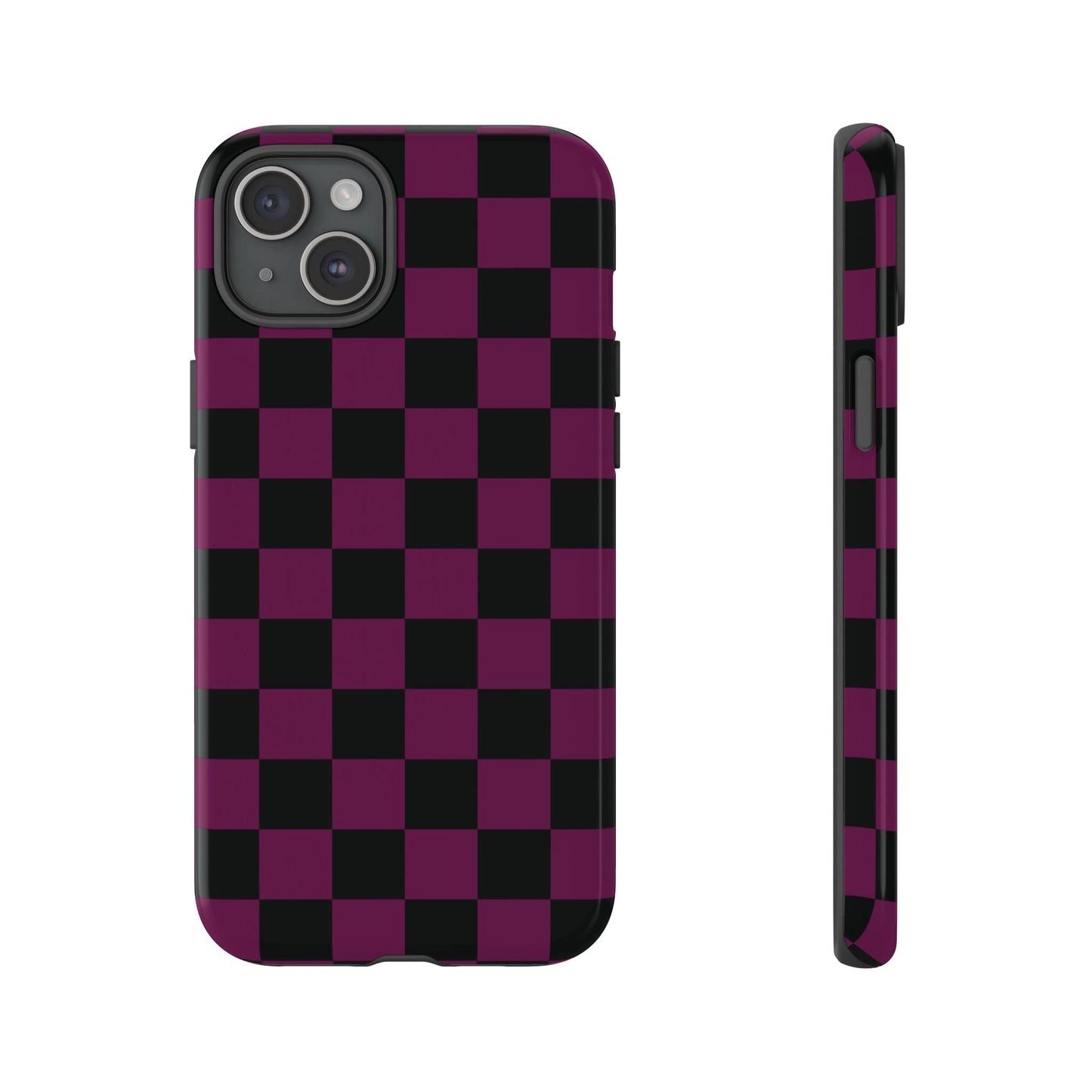 iPhone 15 Plus / Glossy Phone Case - Trendy Plum & Black Checked Pattern Phone Case
