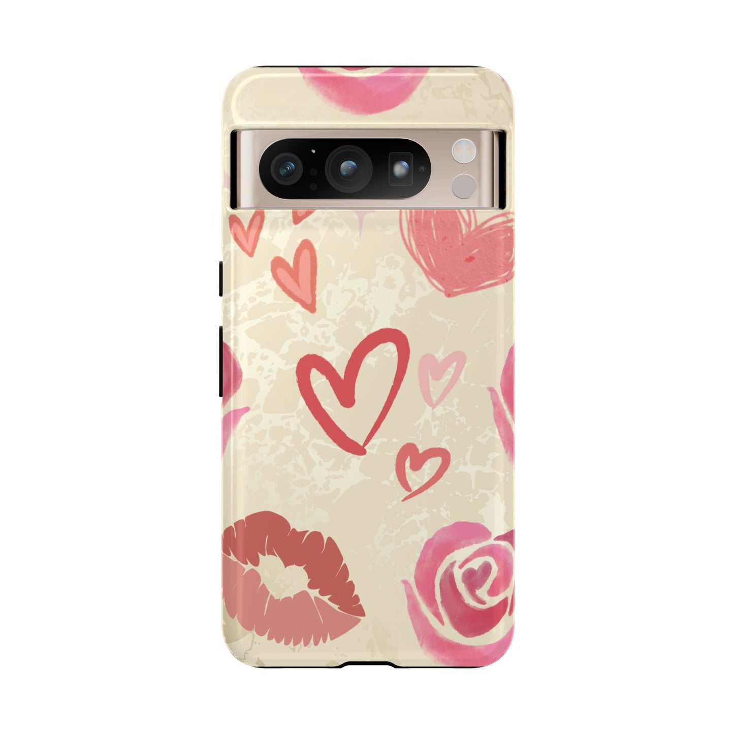 Google Pixel 8 Pro / Glossy Phone Case - ’Pink Heart & Rose Pattern’ Phone Case