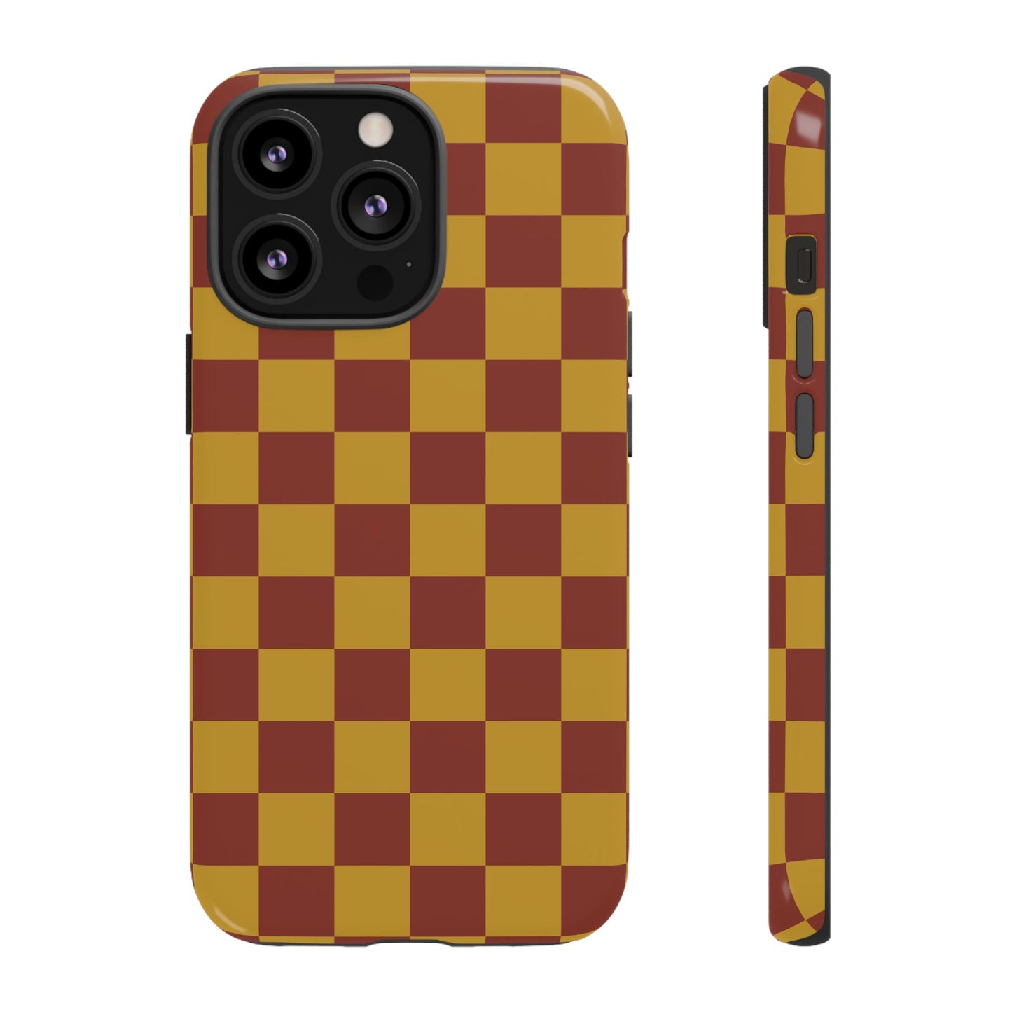 iPhone 13 Pro / Glossy Phone Case - Trendy Mustard & Burgandy Checked Pattern Phone Case