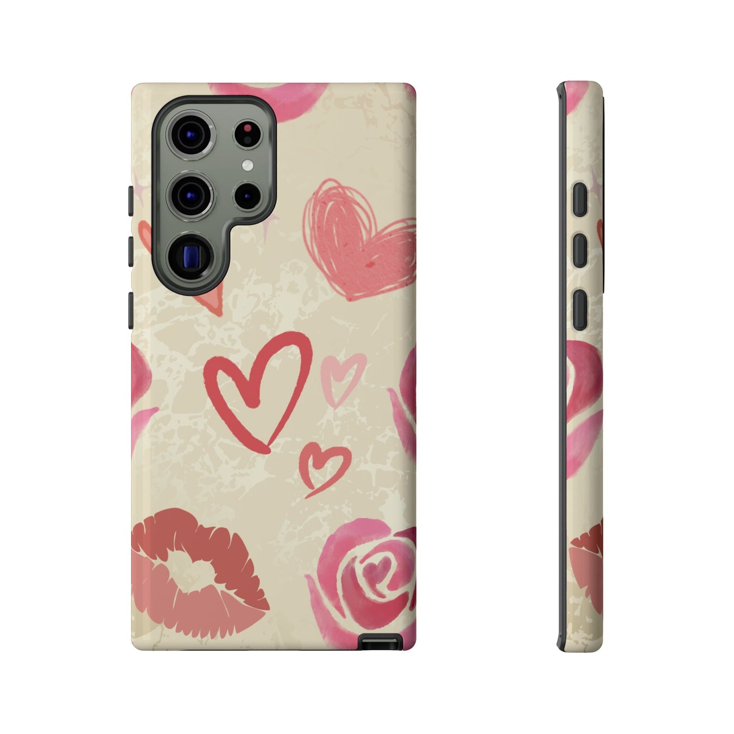 Samsung Galaxy S23 Ultra / Glossy Phone Case - ’Pink Heart & Rose Pattern’ Phone Case