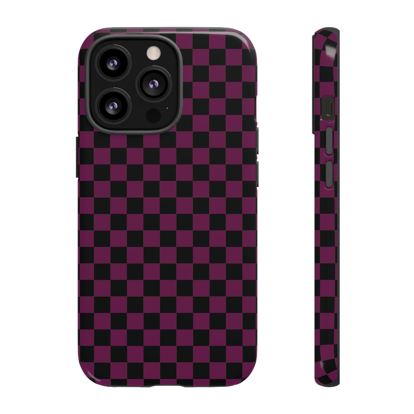 iPhone 13 Pro / Glossy Phone Case - Trendy Plum & Black Small Checked Pattern Phone Case