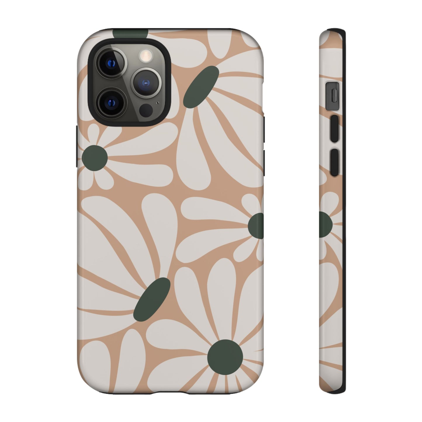iPhone 12 Pro / Glossy Phone Case - ’Retro Beige & White Daisy Pattern’ Phone Case