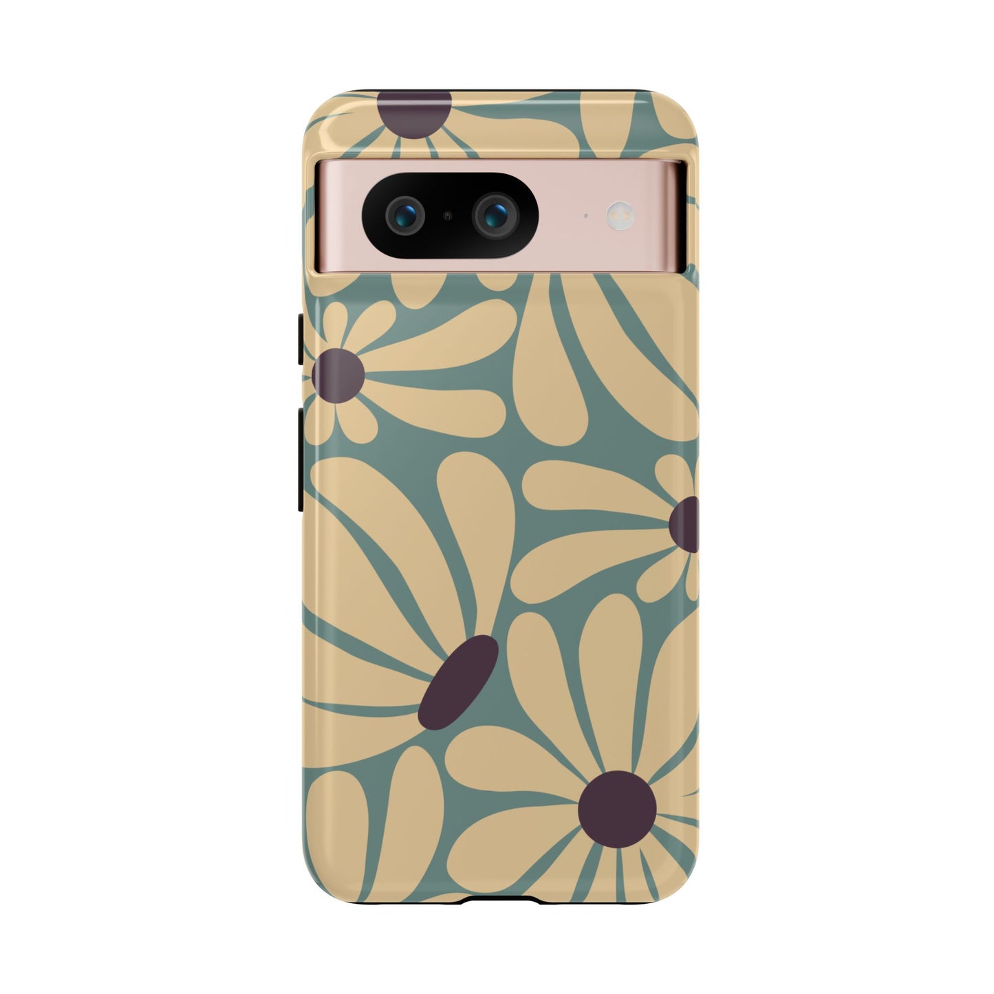 Google Pixel 8 / Glossy Phone Case - ’Retro Cream & Blue Daisy Pattern’ Phone Case