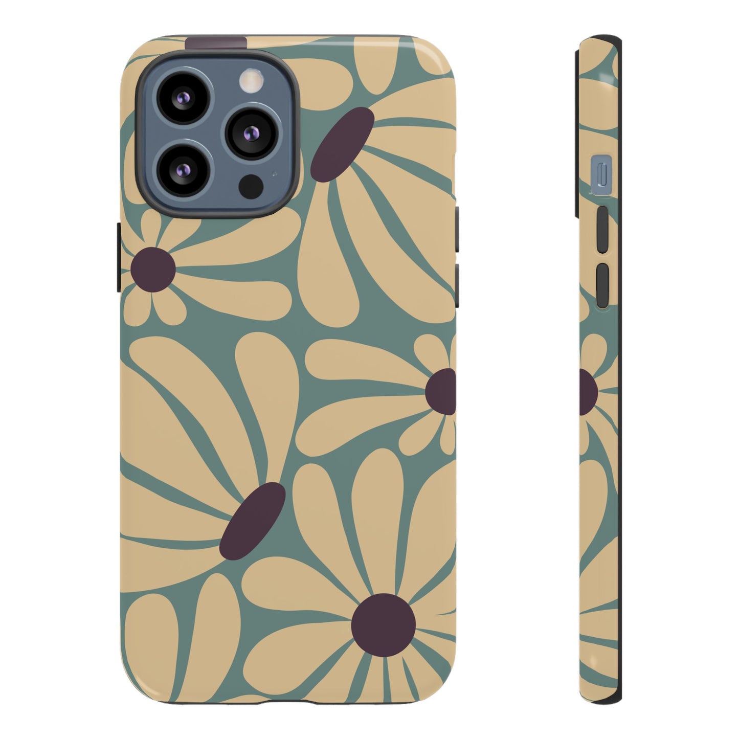 iPhone 13 Pro Max / Glossy Phone Case - ’Retro Cream & Blue Daisy Pattern’ Phone Case
