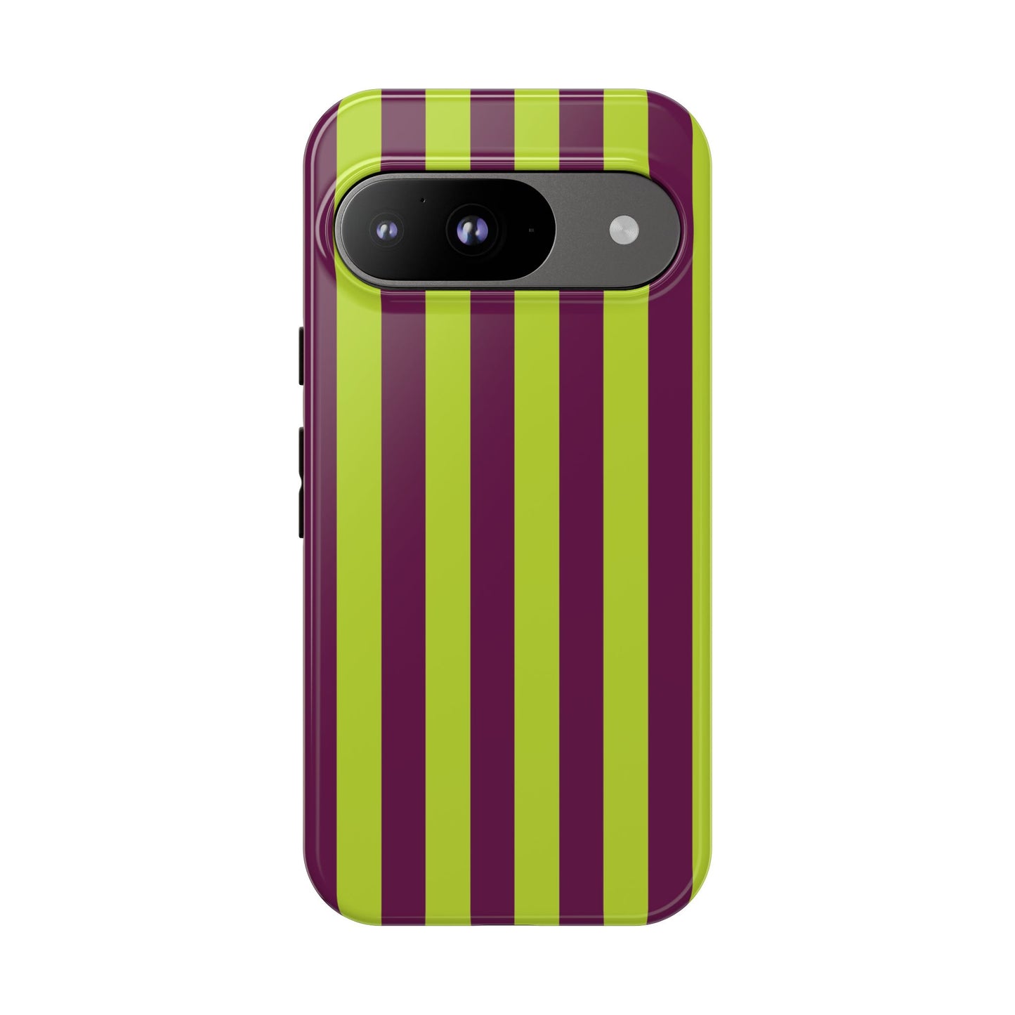 Google Pixel 9 / Glossy Phone Case - Trendy Neon Lime Green & Plum Stripe Pattern Phone Case