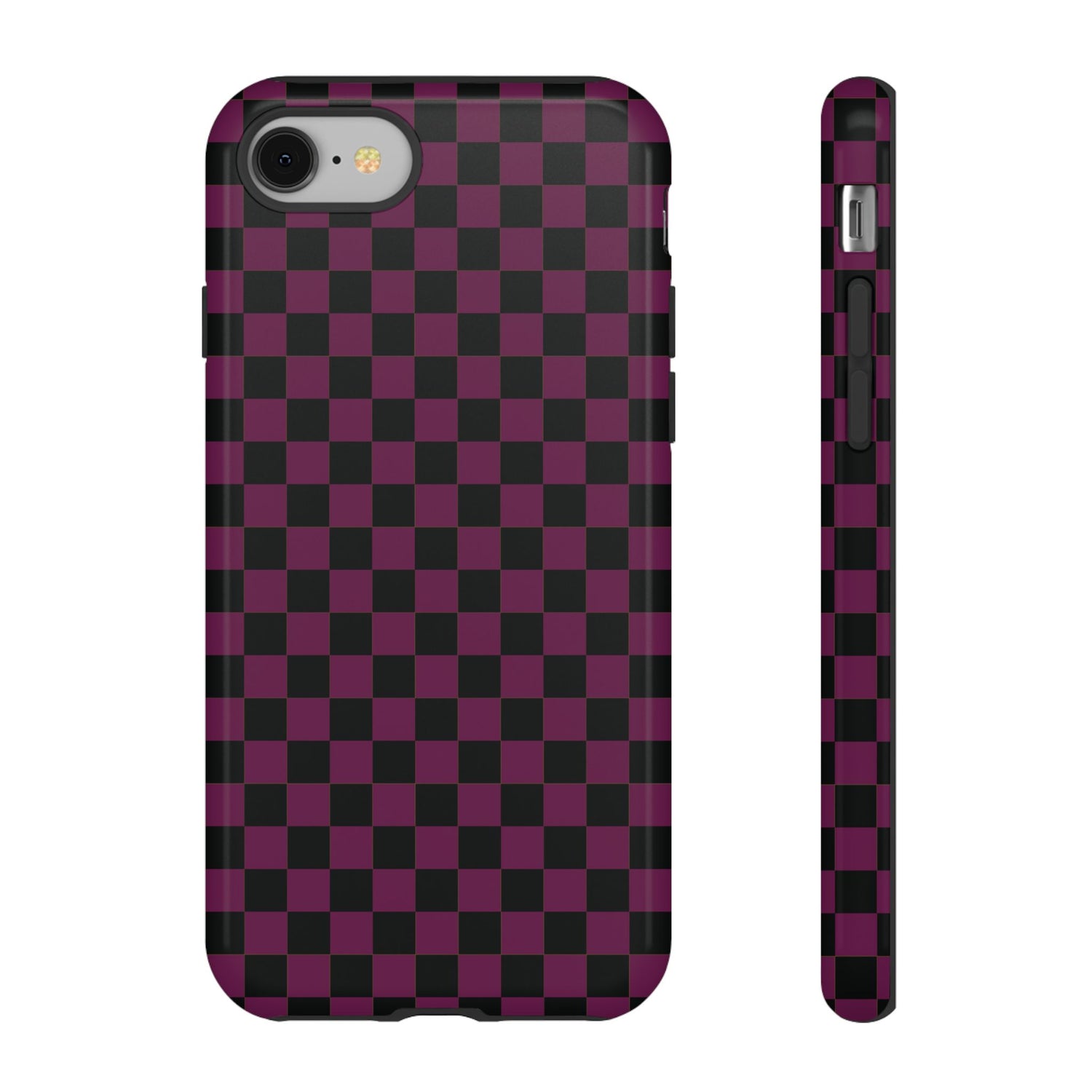 iPhone 8 / Glossy Phone Case - Trendy Plum & Black Small Checked Pattern Phone Case