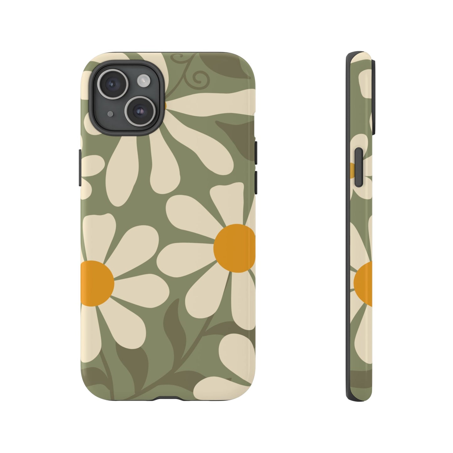 iPhone 15 Plus / Glossy Phone Case - ’Retro Green Daisy Pattern #2’ Phone Case