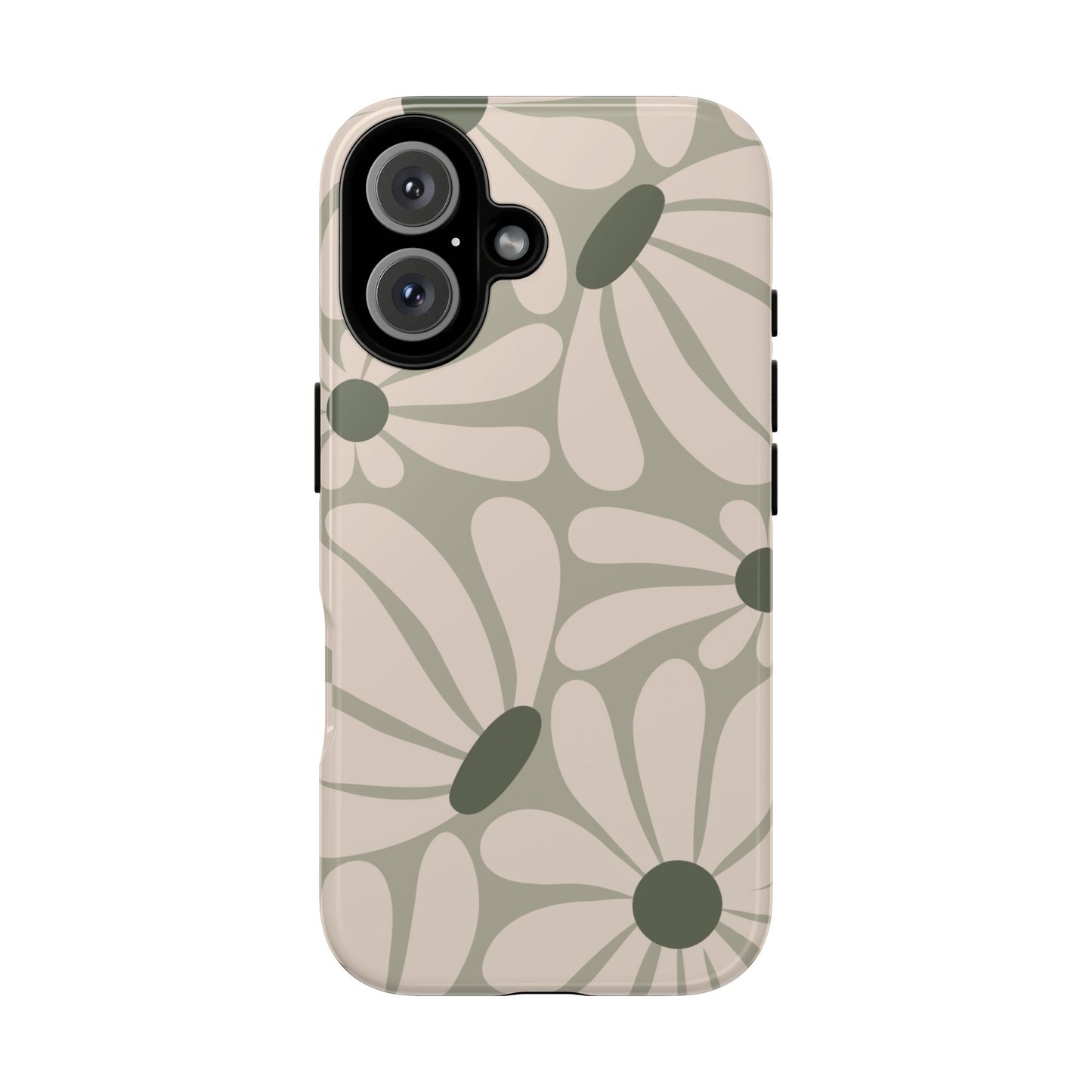 iPhone 16 / Glossy Phone Case - ’Retro Cream & Green Daisy Pattern’ Phone Case