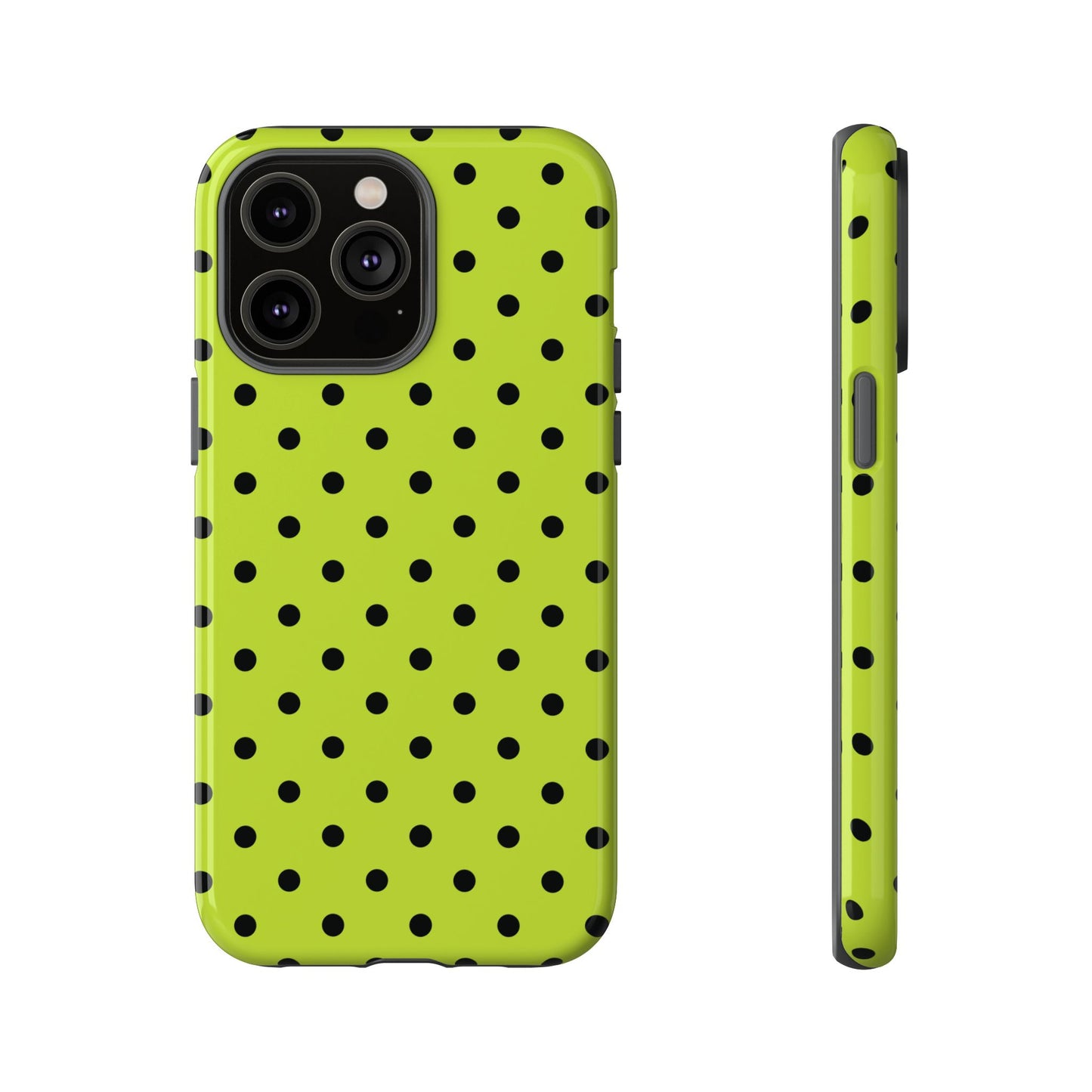 iPhone 14 Pro Max / Glossy Phone Case - Trendy Neon Lime Green & Black Dot Pattern Phone Case