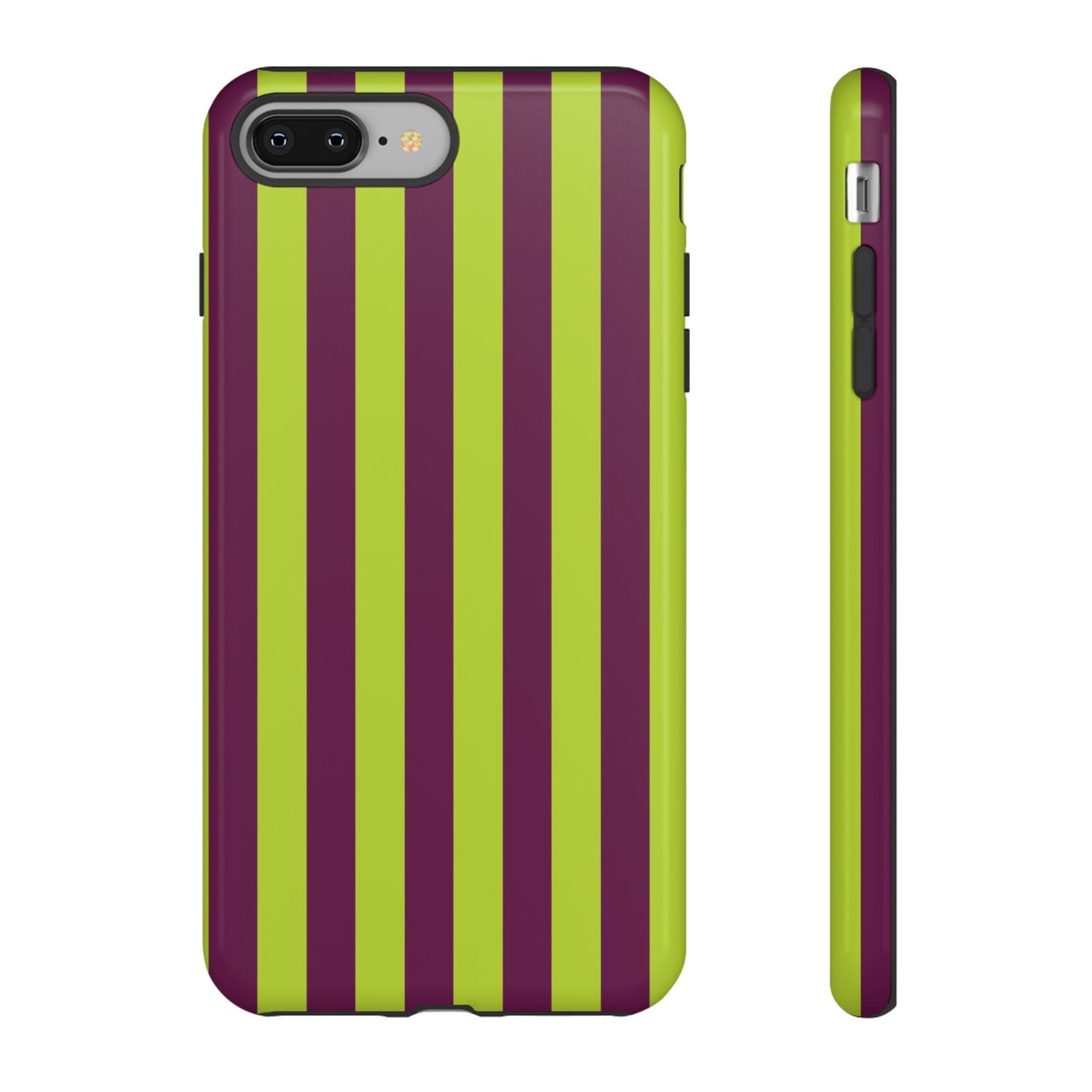 iPhone 8 Plus / Glossy Phone Case - Trendy Neon Lime Green & Plum Stripe Pattern Phone Case