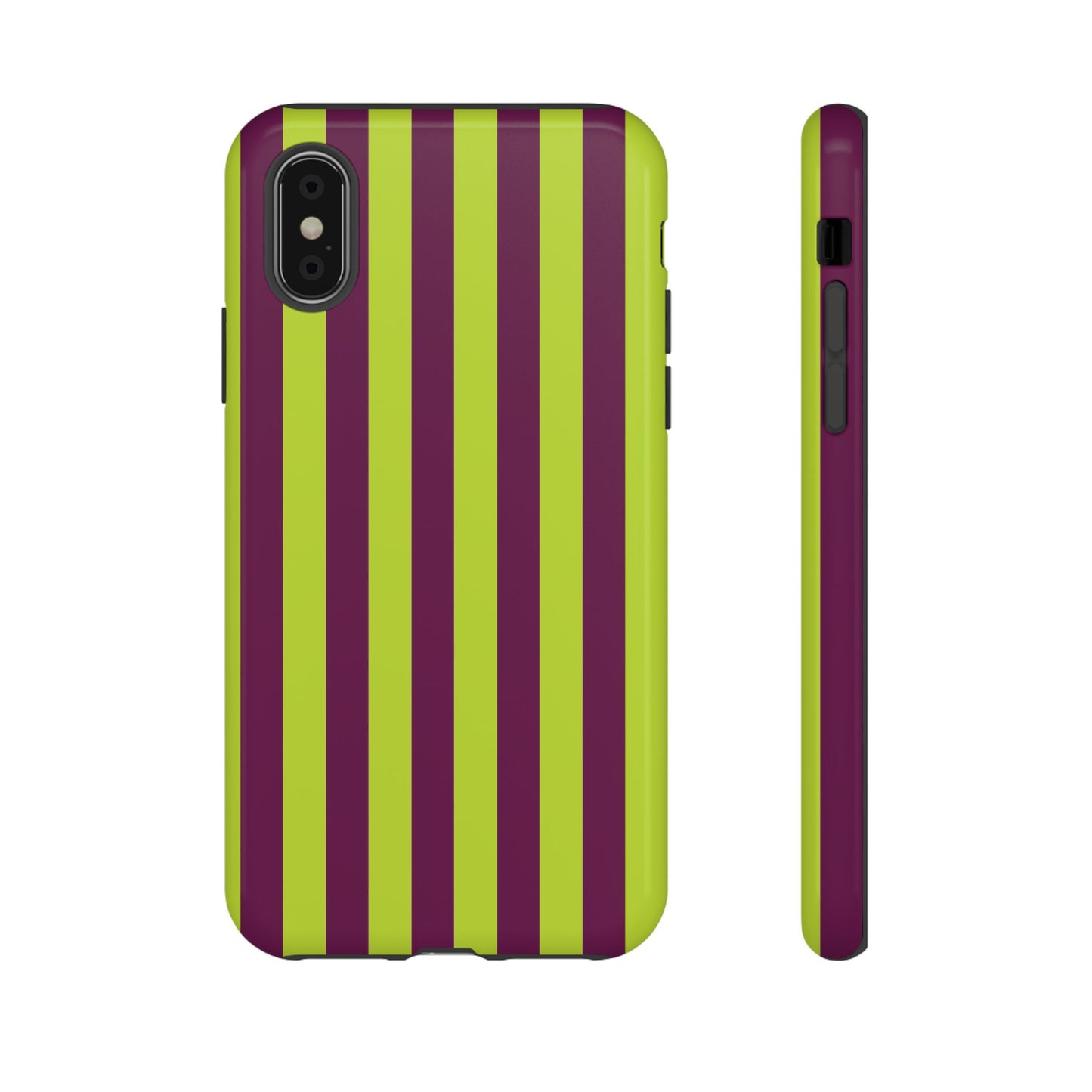 iPhone XS / Glossy Phone Case - Trendy Neon Lime Green & Plum Stripe Pattern Phone Case