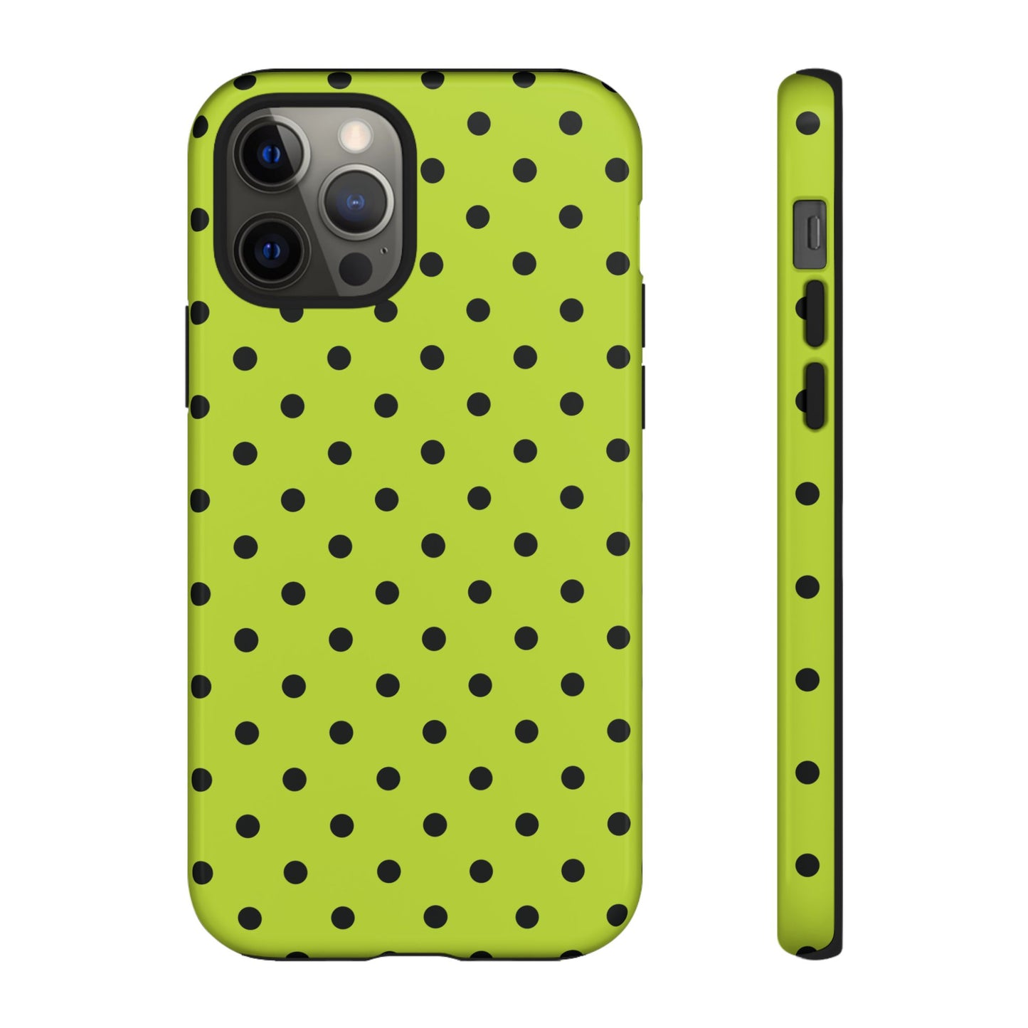 iPhone 12 Pro / Glossy Phone Case - Trendy Neon Lime Green & Black Dot Pattern Phone Case