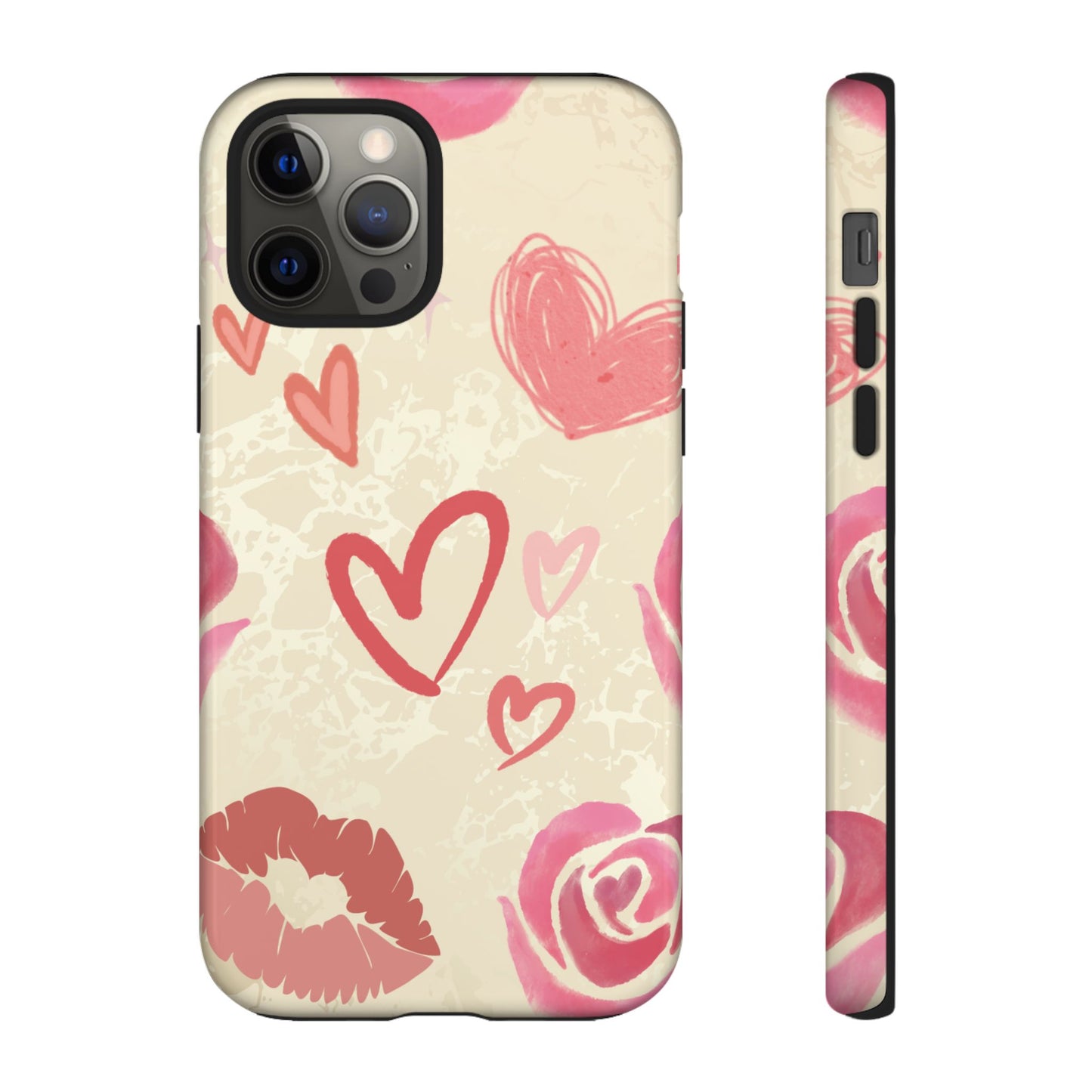 iPhone 12 Pro / Glossy Phone Case - ’Pink Heart & Rose Pattern’ Phone Case