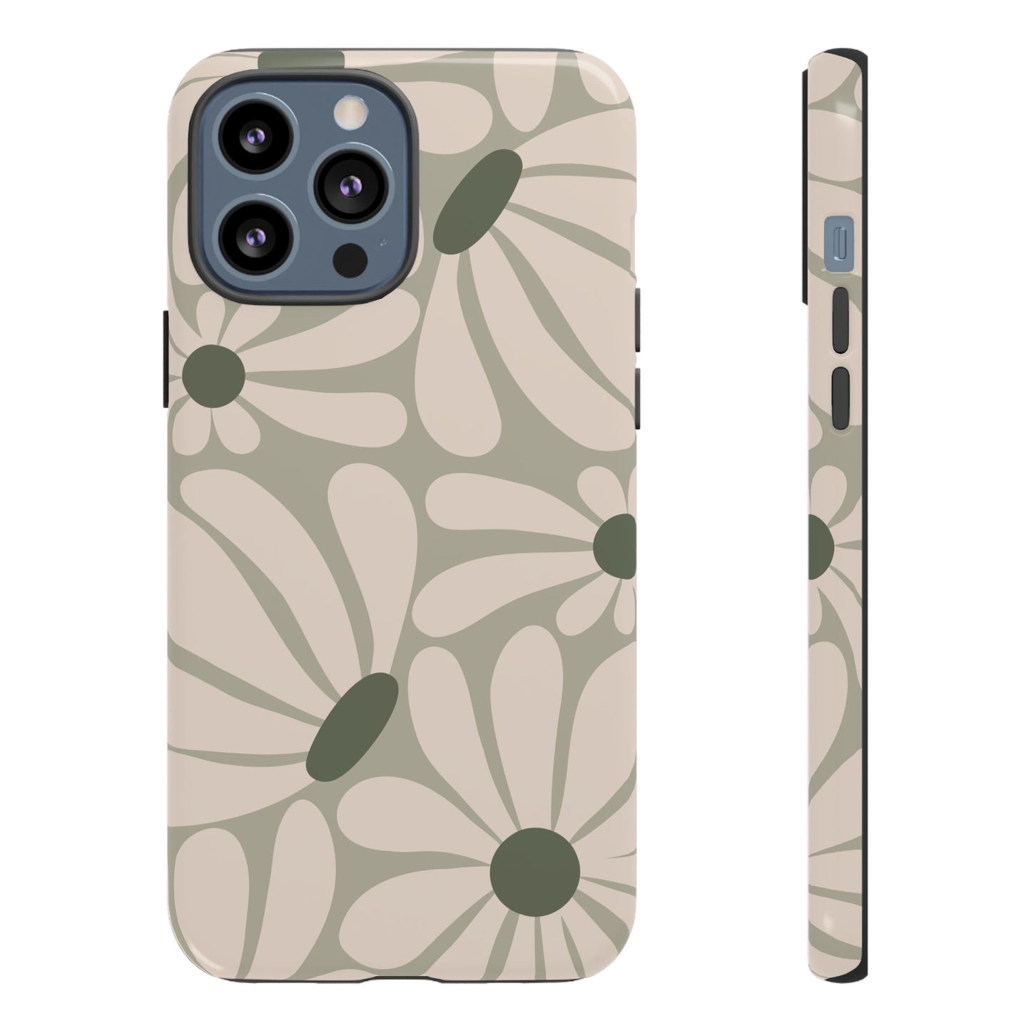 iPhone 13 Pro Max / Glossy Phone Case - ’Retro Cream & Green Daisy Pattern’ Phone Case
