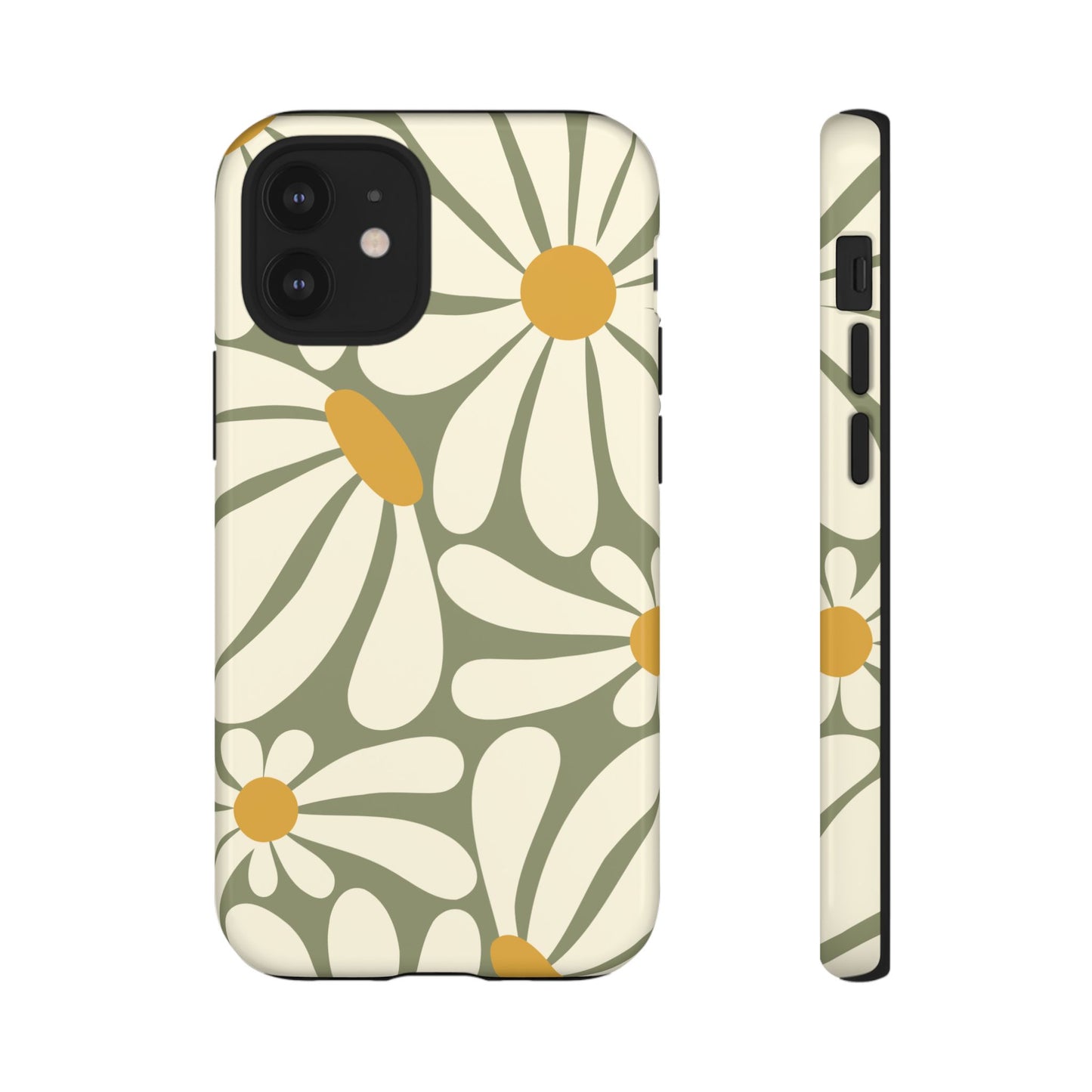 iPhone 12 Mini / Glossy Phone Case - ’Retro Green Daisy Pattern #1’ Phone Case