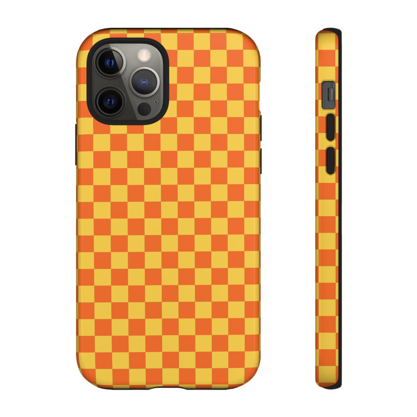 iPhone 12 Pro / Glossy Phone Case - Trendy Orange & Yellow Small Checked Pattern Phone Case