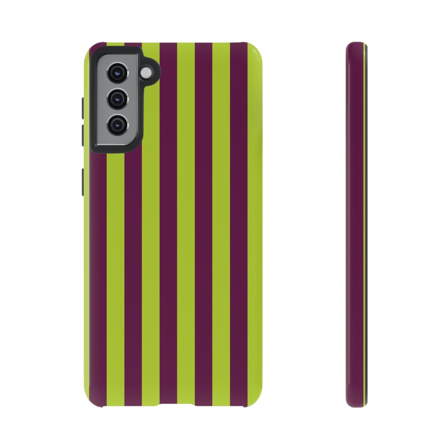 Samsung Galaxy S21 Plus / Glossy Phone Case - Trendy Neon Lime Green & Plum Stripe Pattern Phone Case