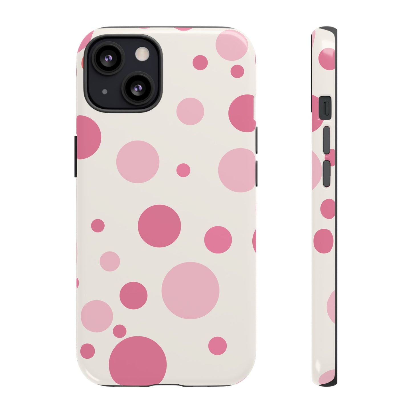 iPhone 13 / Glossy Phone Case - ’Bold White with Pink Dot Pattern’ Phone Case