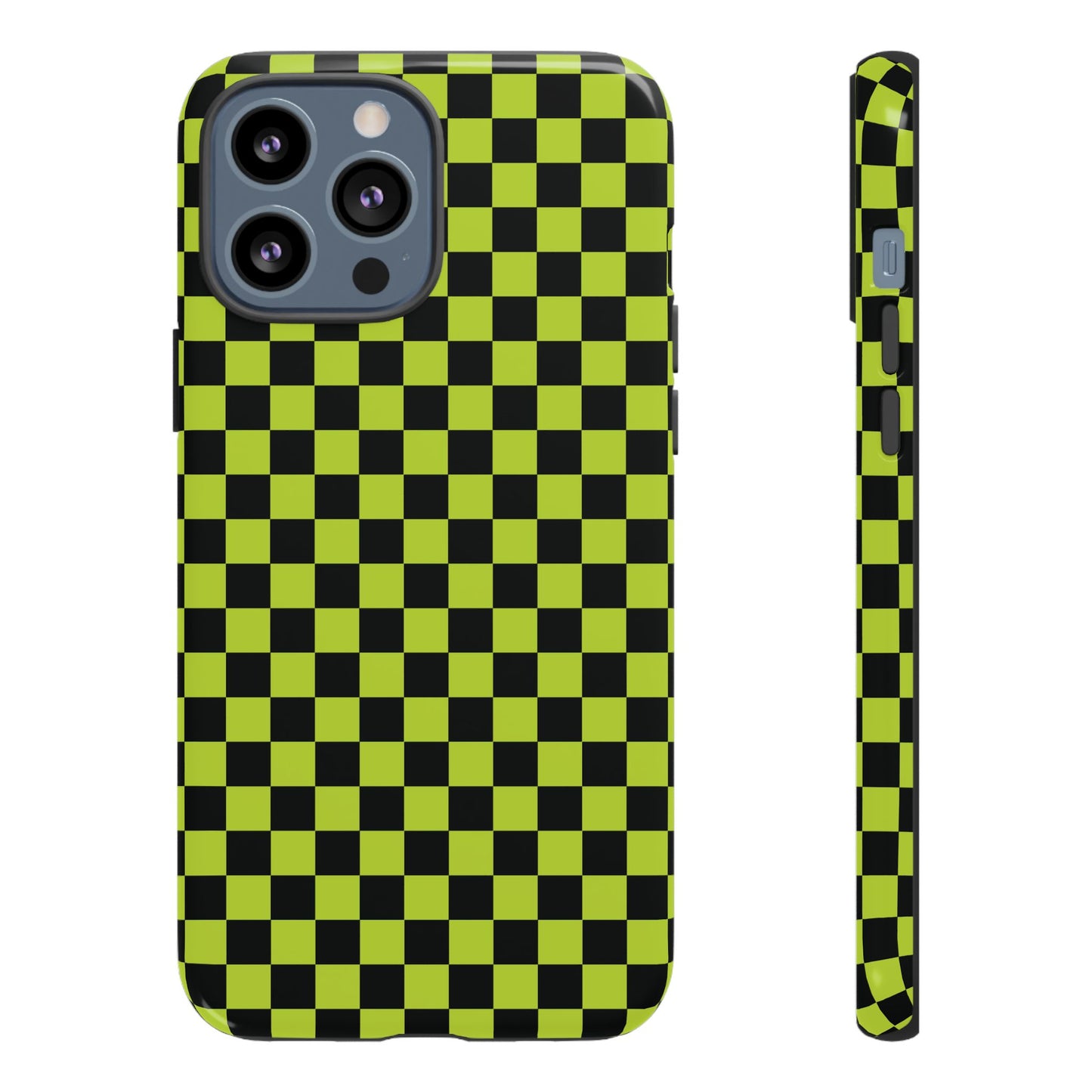 iPhone 13 Pro Max / Glossy Phone Case - Trendy Neon Lime Green & Plum Small Checked Pattern Phone Case
