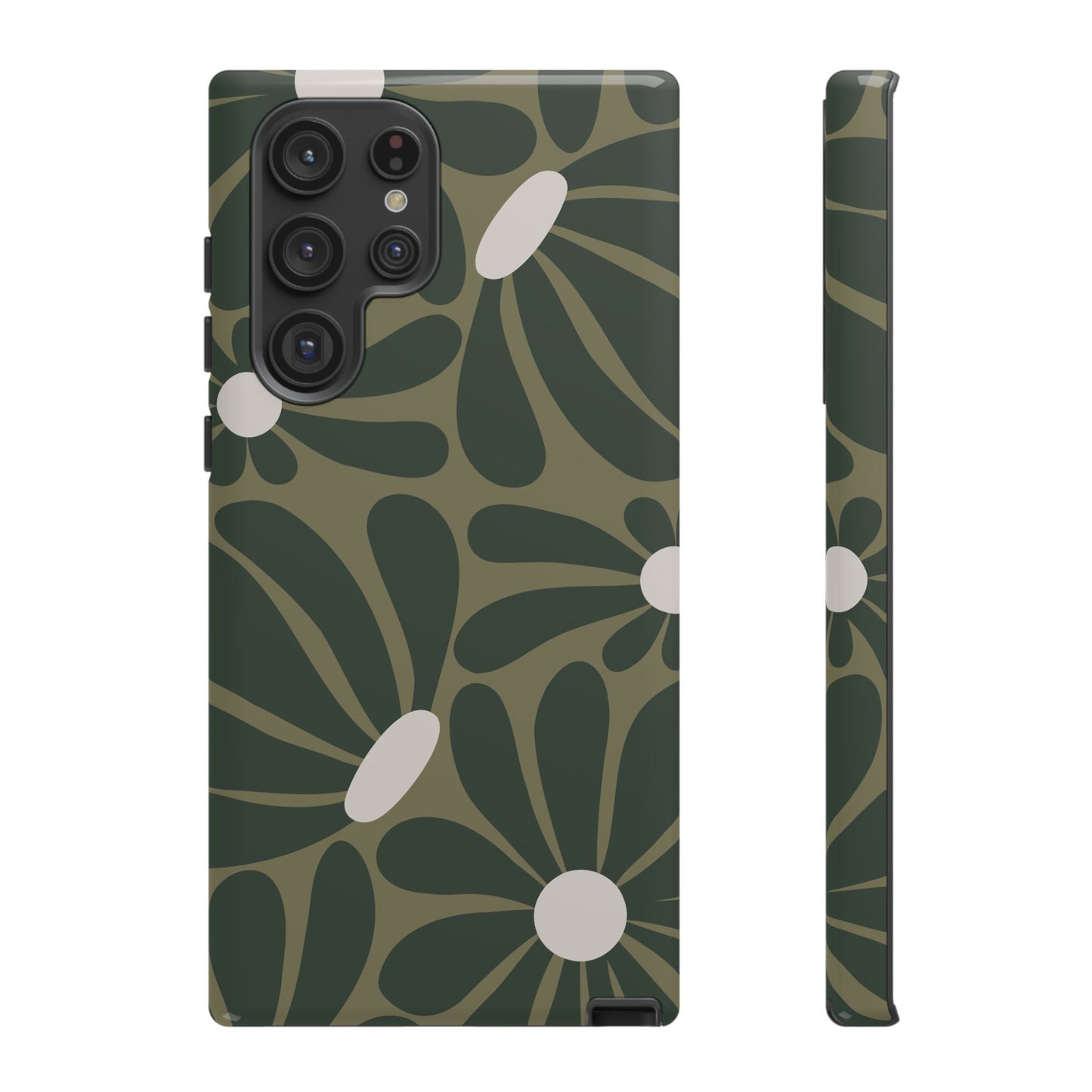 Samsung Galaxy S22 Ultra / Glossy Phone Case - ’Retro Olive Green Daisy Pattern’ Phone Case