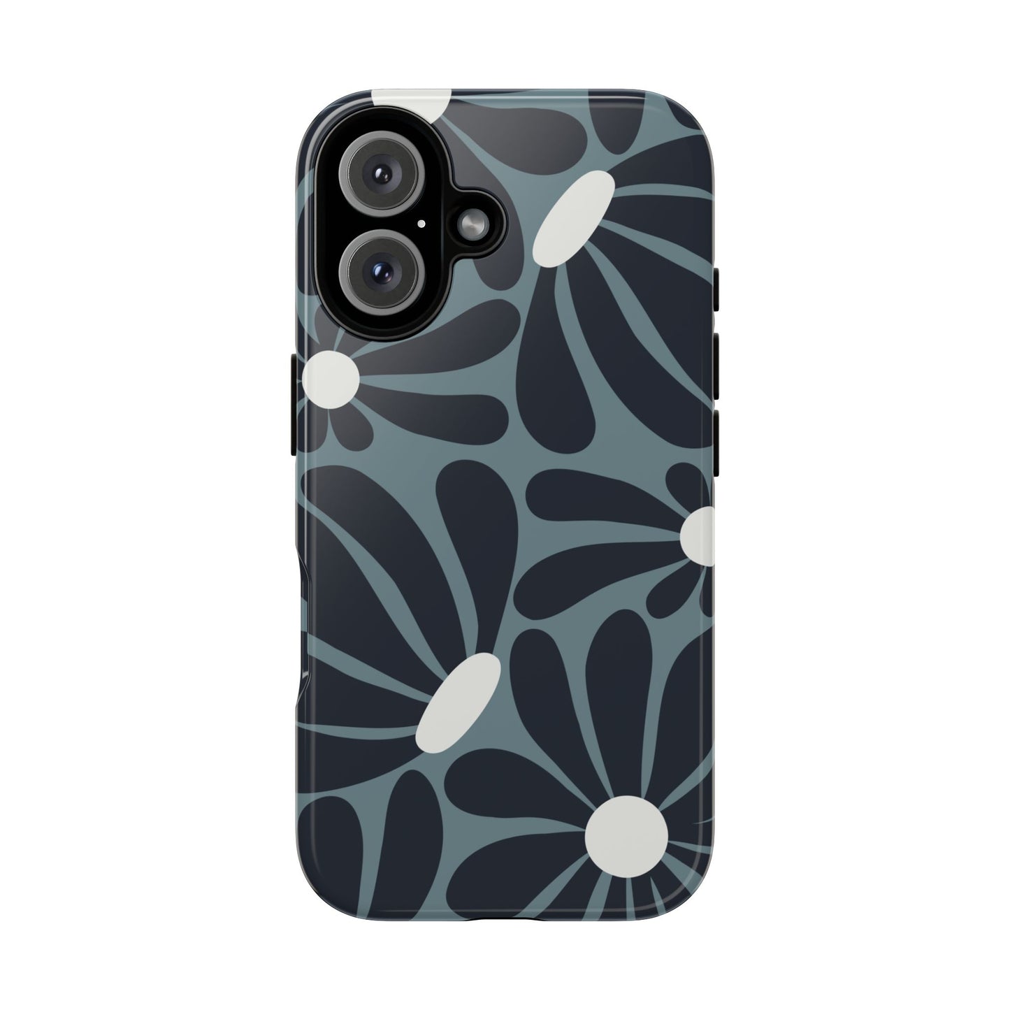 iPhone 16 / Glossy Phone Case - ’Retro Navy Blue & White Daisy Pattern’ Phone Case