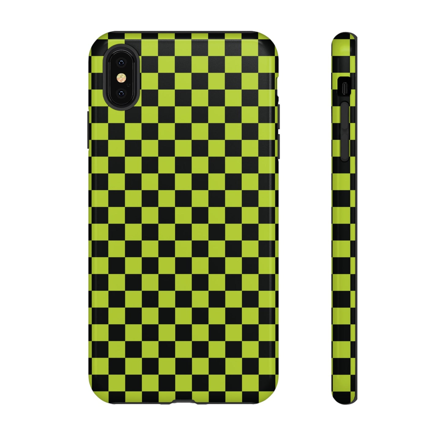 iPhone XS MAX / Glossy Phone Case - Trendy Neon Lime Green & Plum Small Checked Pattern Phone Case