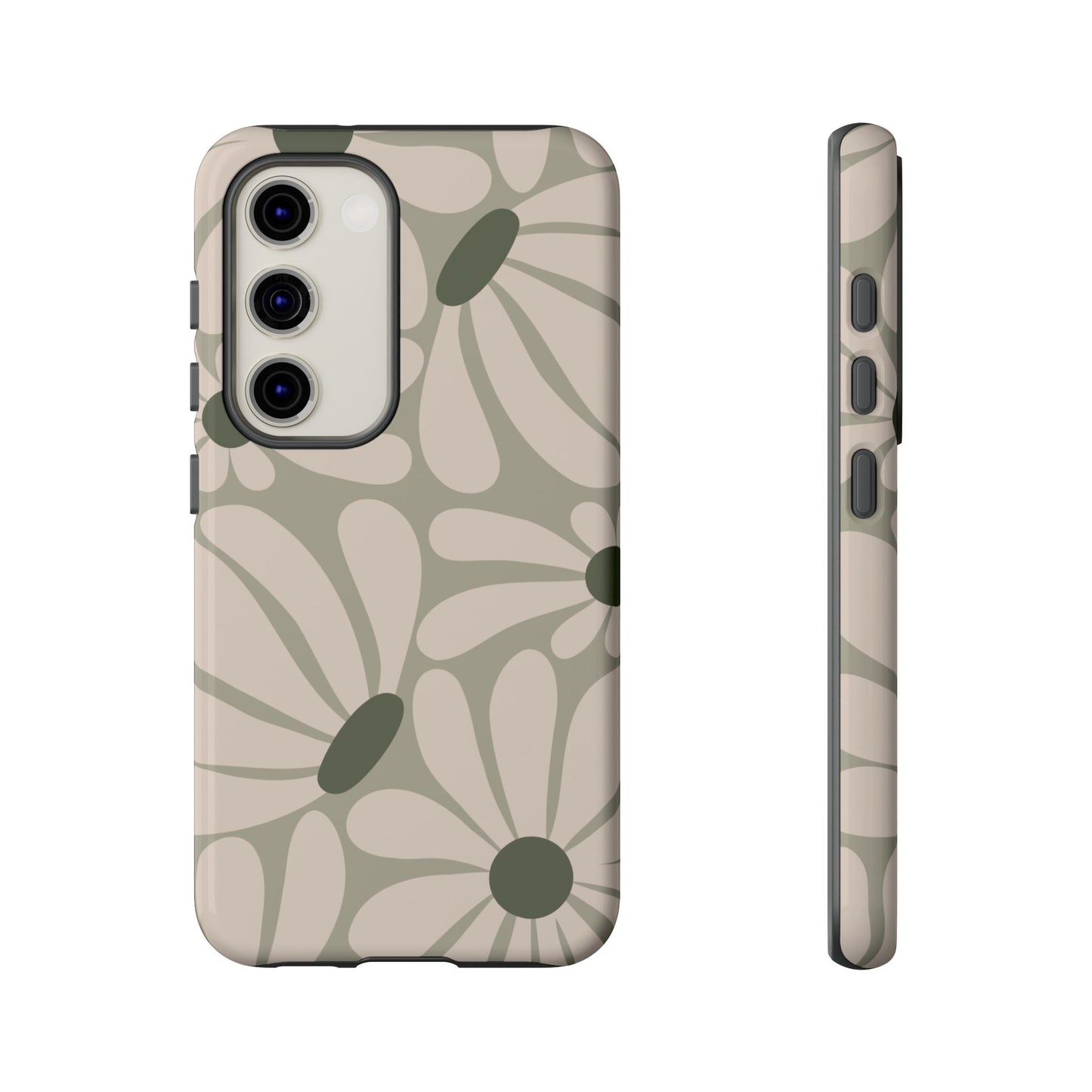 Samsung Galaxy S23 / Glossy Phone Case - ’Retro Cream & Green Daisy Pattern’ Phone Case