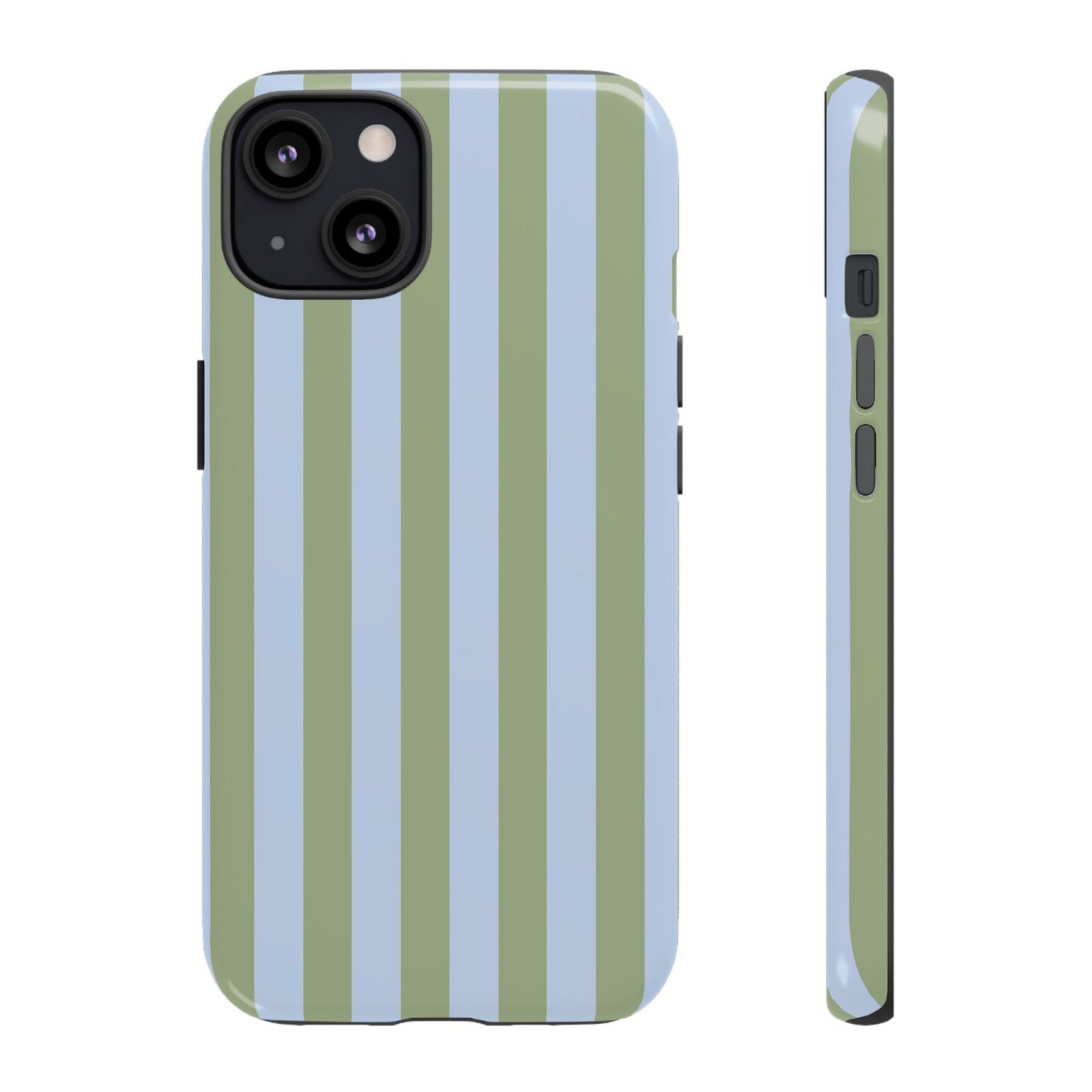 iPhone 13 / Glossy Phone Case - Trendy Ice Blue & Green Stripe Pattern Phone Case