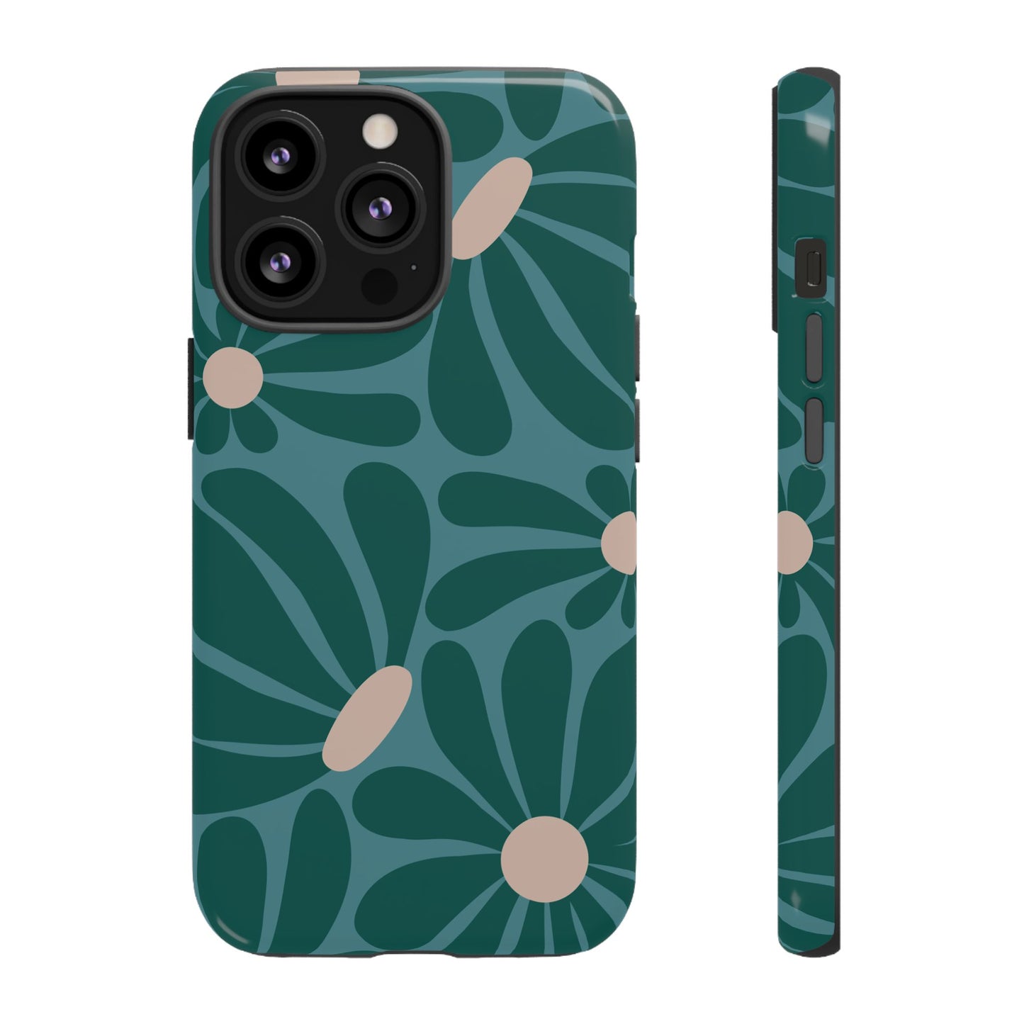 iPhone 13 Pro / Glossy Phone Case - ’Retro Turquoise Daisy Pattern’ Phone Case