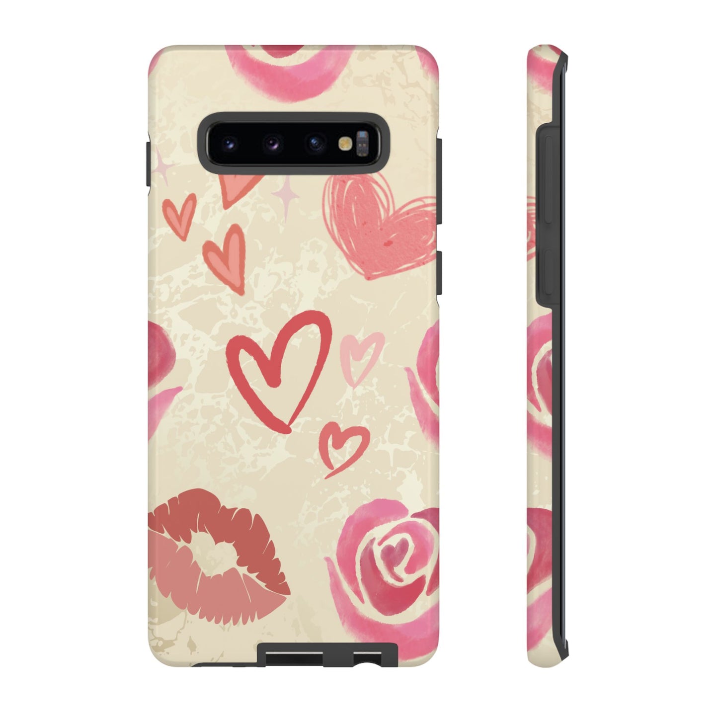 Samsung Galaxy S10 Plus / Glossy Phone Case - ’Pink Heart & Rose Pattern’ Phone Case