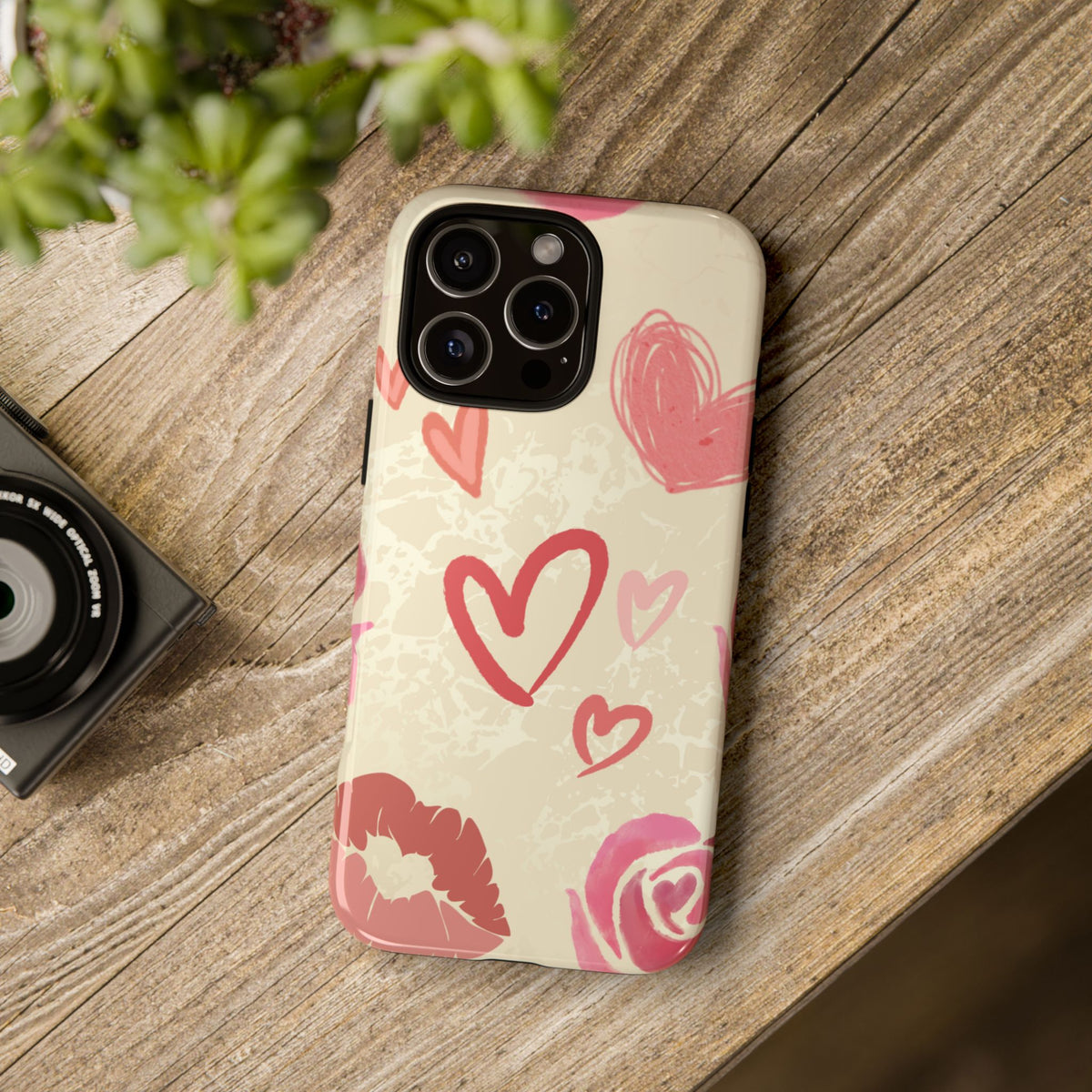 Cute Pink Heart & Rose Pattern Phone Case - Pink Phone Case