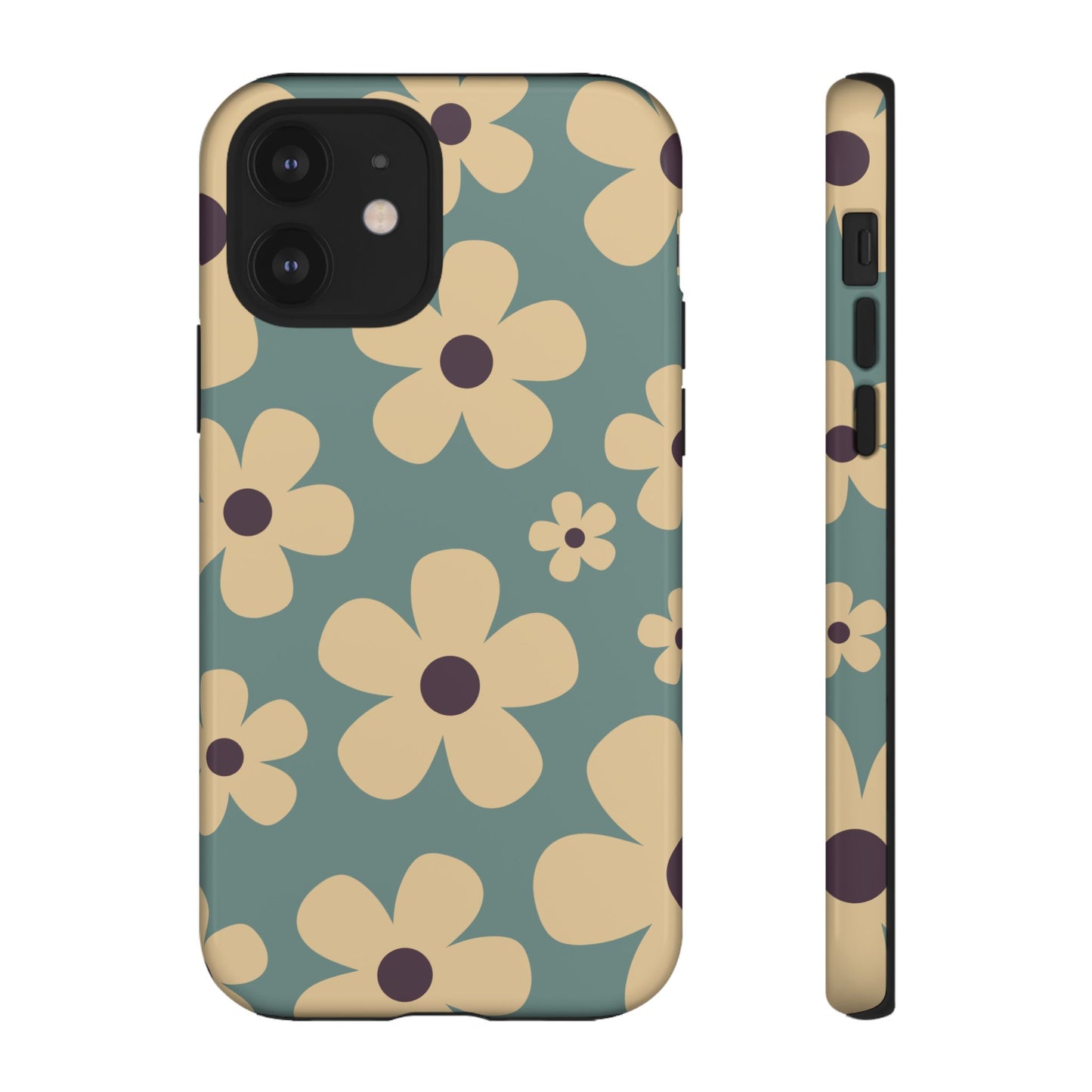 iPhone 12 / Glossy Phone Case - Cute Blue & Cream Daisy Pattern Phone Case