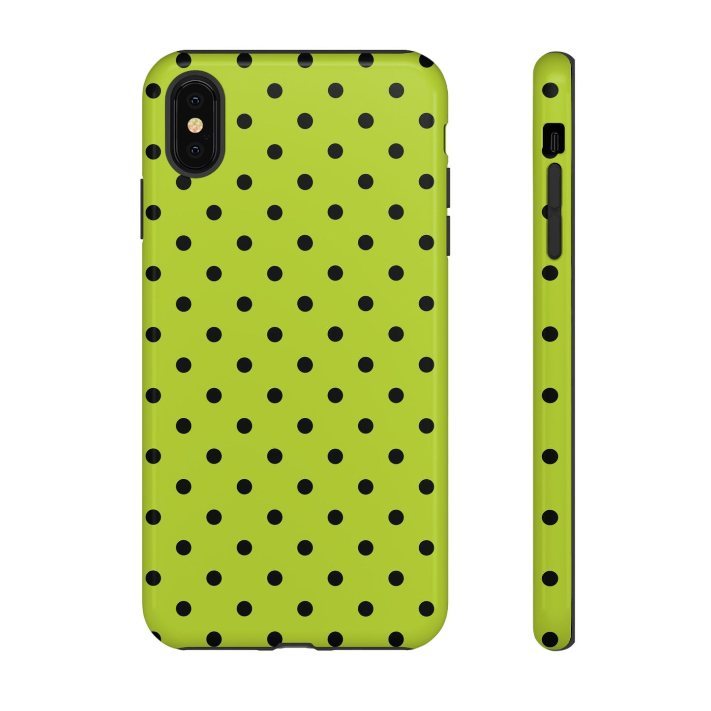 iPhone XS MAX / Glossy Phone Case - Trendy Neon Lime Green & Black Dot Pattern Phone Case