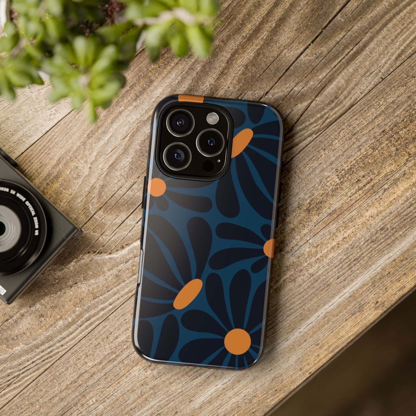 Phone Case - ’Dark Blue & Orange Daisy Pattern’ Phone Case