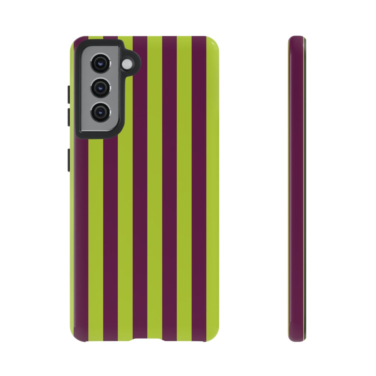 Samsung Galaxy S21 / Glossy Phone Case - Trendy Neon Lime Green & Plum Stripe Pattern Phone Case