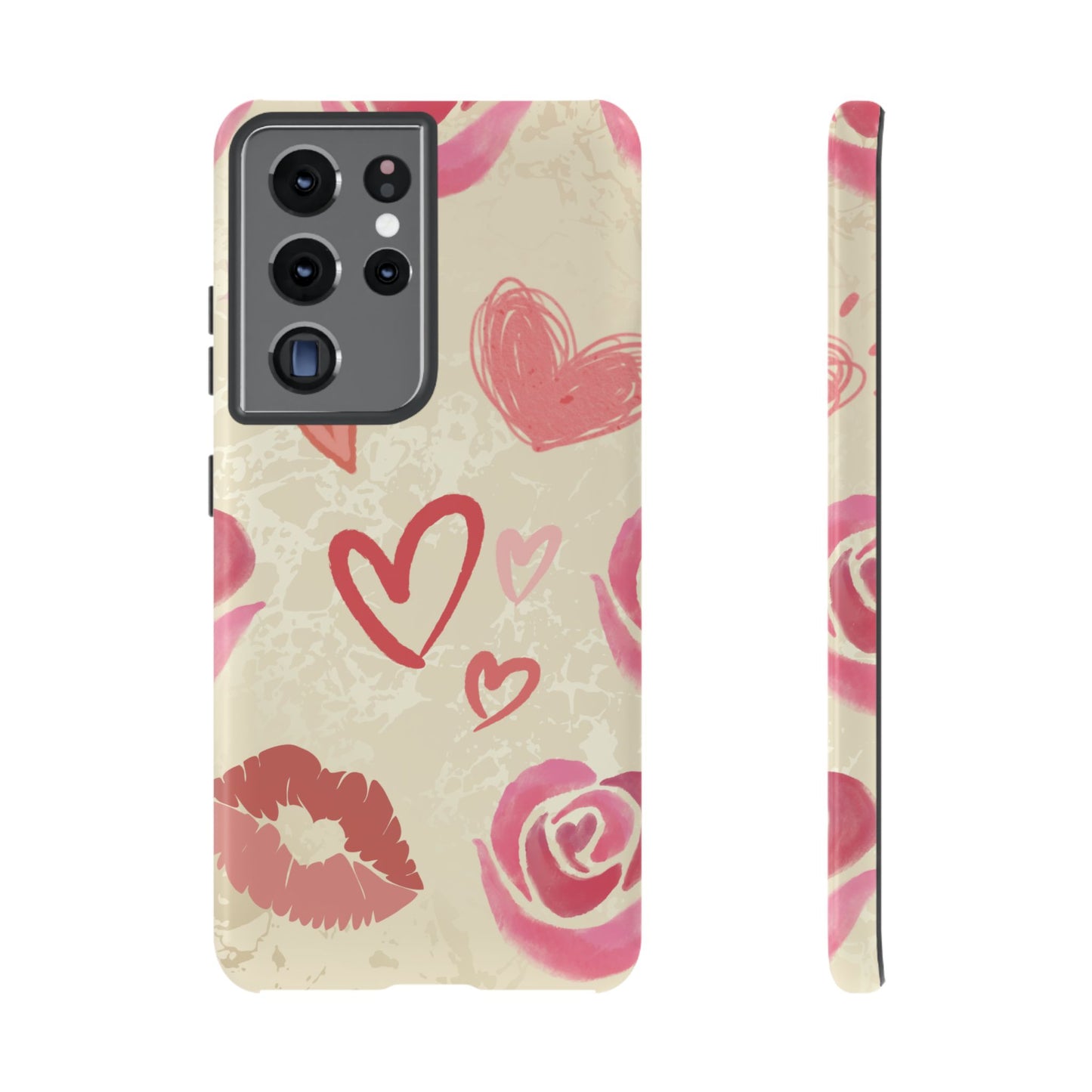 Samsung Galaxy S21 Ultra / Glossy Phone Case - ’Pink Heart & Rose Pattern’ Phone Case