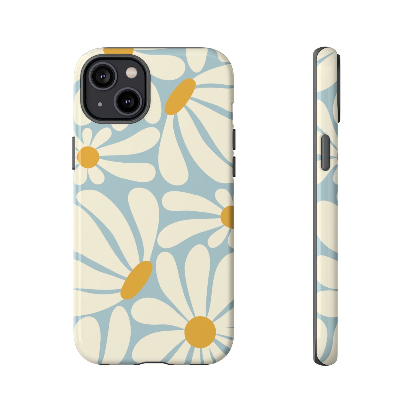 iPhone 14 Plus / Glossy Phone Case - ’Retro Blue Daisy Pattern’ Phone Case