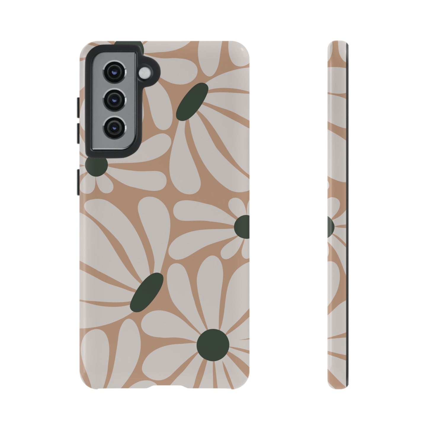 Samsung Galaxy S21 / Glossy Phone Case - ’Retro Beige & White Daisy Pattern’ Phone Case