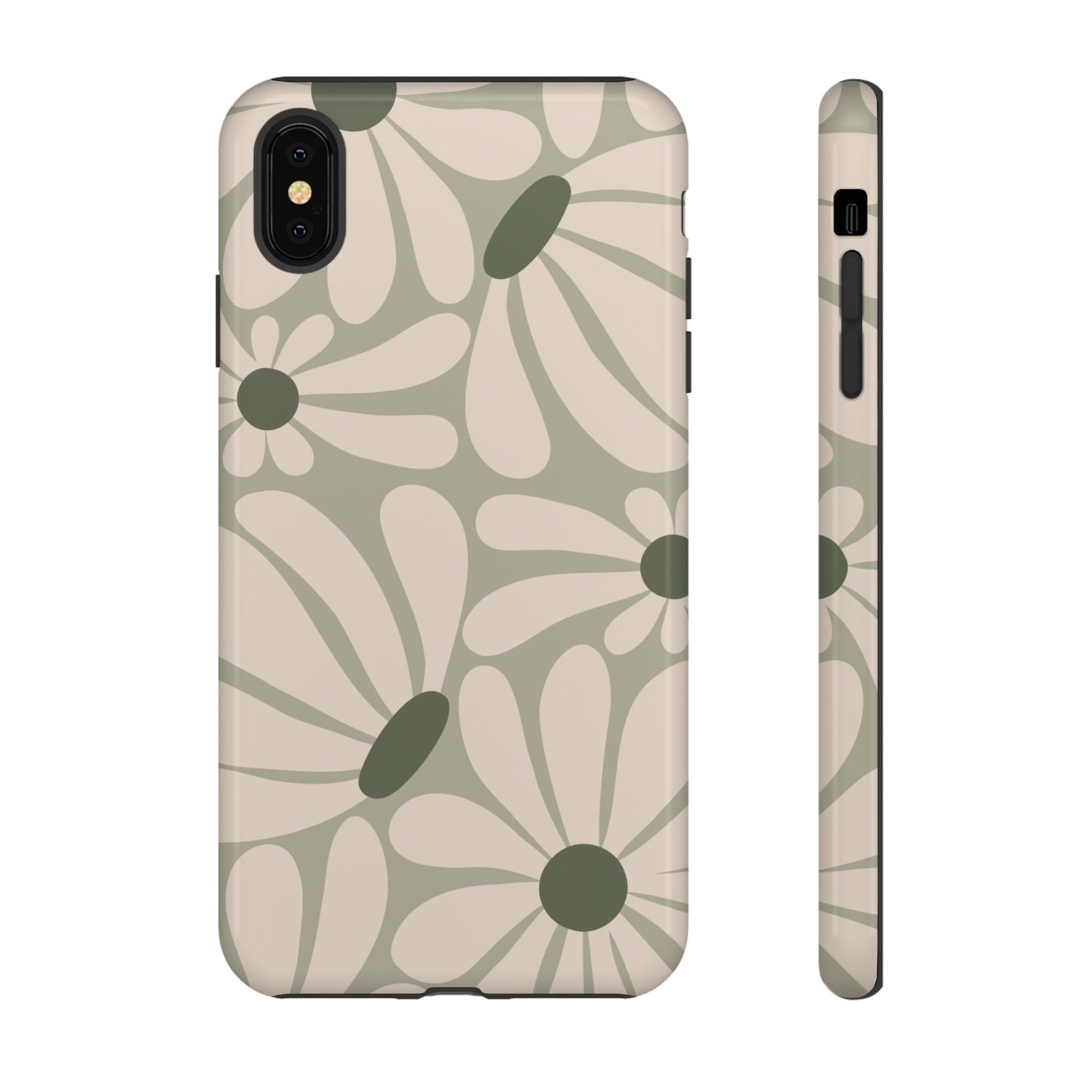 iPhone XS MAX / Glossy Phone Case - ’Retro Cream & Green Daisy Pattern’ Phone Case