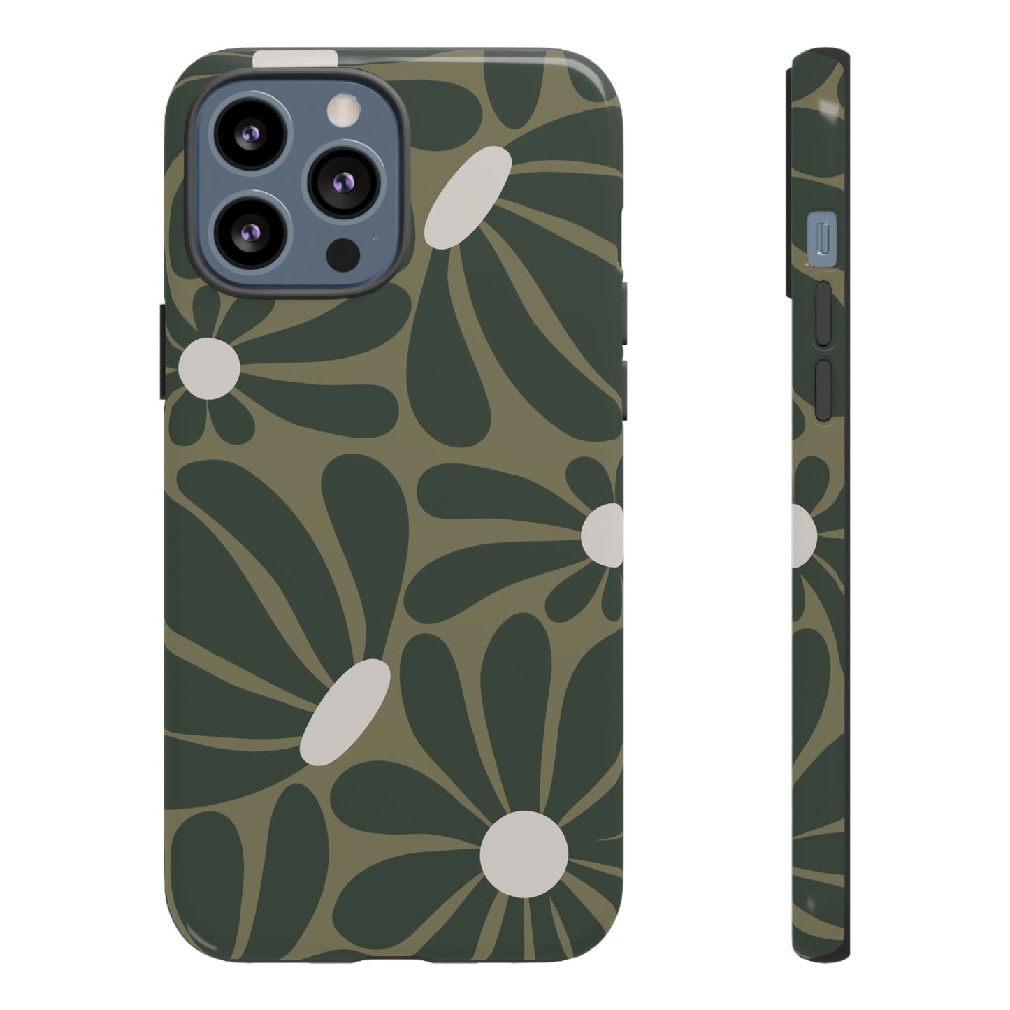 iPhone 13 Pro Max / Glossy Phone Case - ’Retro Olive Green Daisy Pattern’ Phone Case