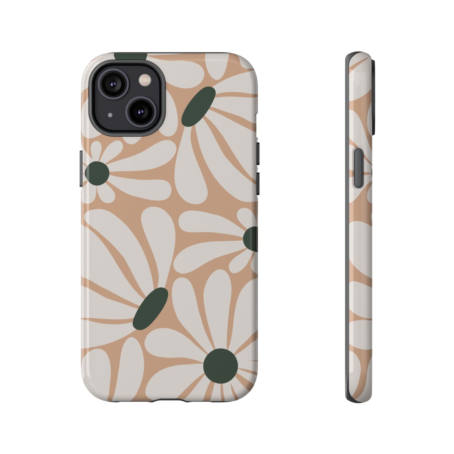 iPhone 14 Plus / Glossy Phone Case - ’Retro Beige & White Daisy Pattern’ Phone Case